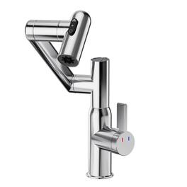 Meqiodas - Bathroom Sink Faucet with Spray Function, Temperature Display, Anti-Slip Switch, Hot & Cold Controls, and 360° Swivel - Chrome