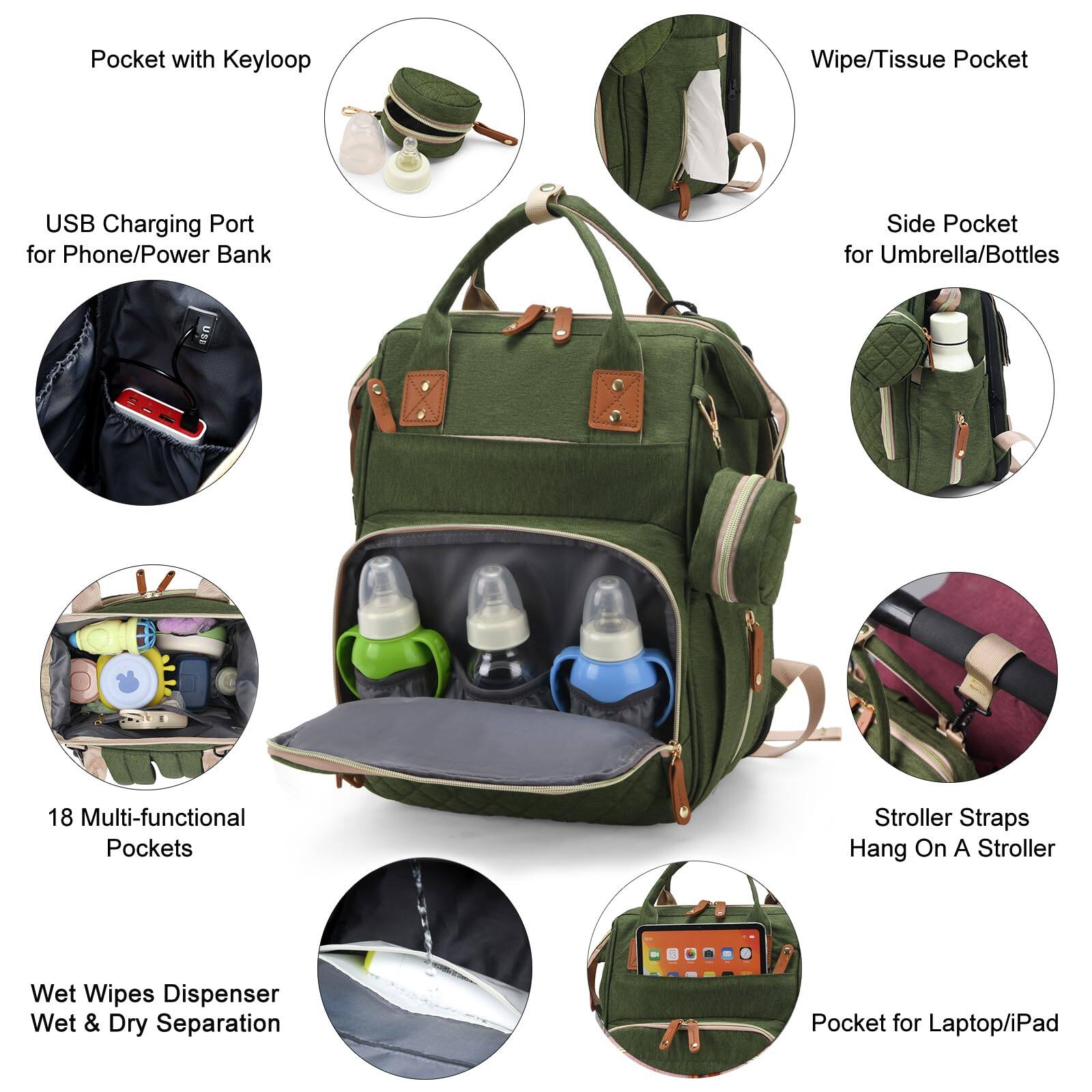 Back. Pacoar Cade - Diaper Bag With Changing Station  Waterproof 3 In 1 Backpack Foldable Pad Large Travel Pack For Girl Boy Green - Green-blue-red.