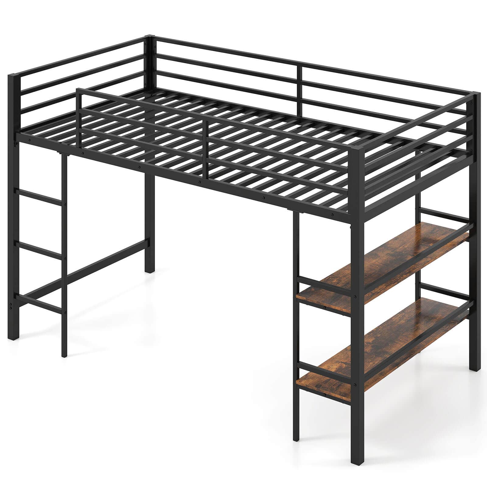 Front. Costway - Costway Twin Size Low Loft Bed with Storage Shelves Ladder Full-length Guardrails - Black.