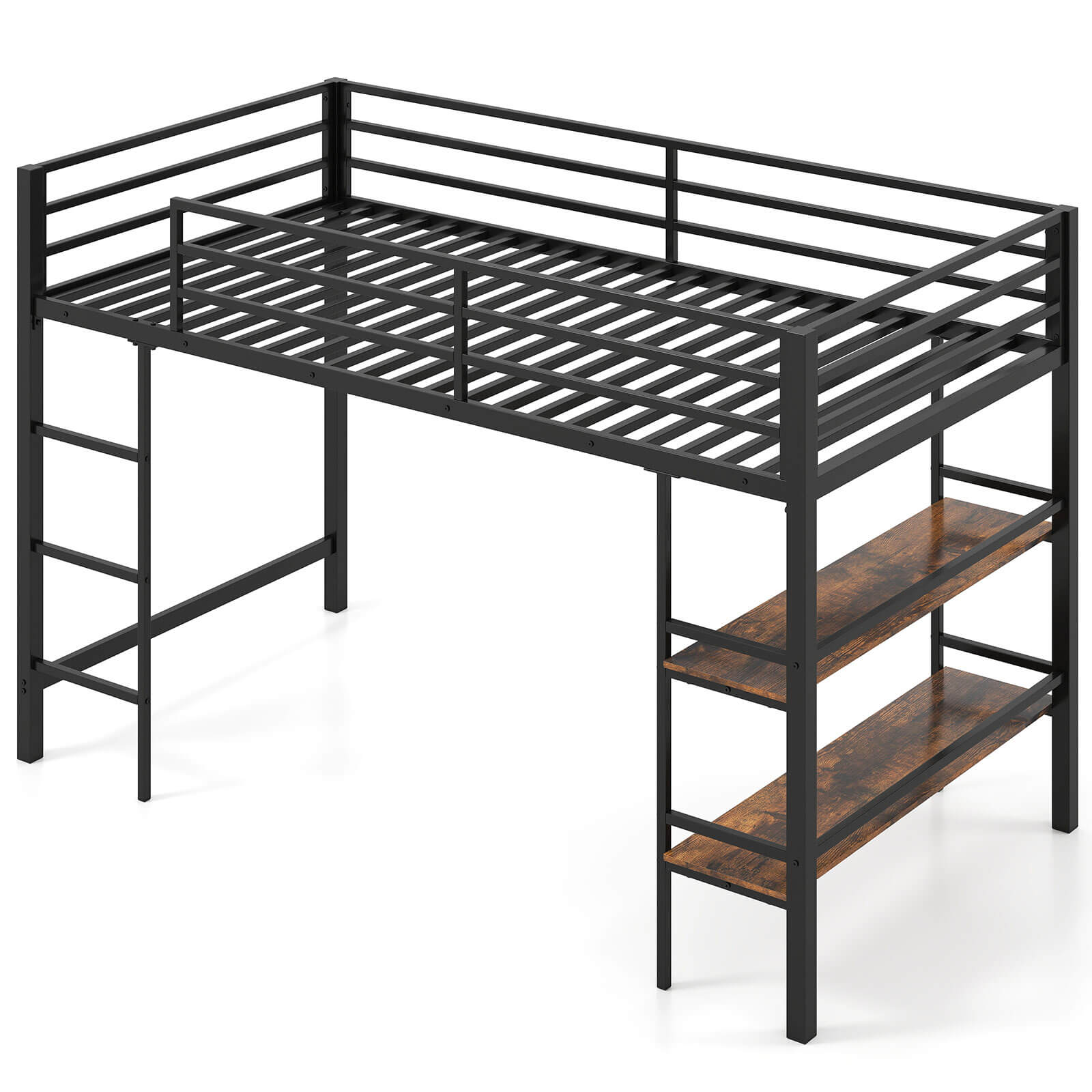 Costway - Twin Size Low Loft Bed with Storage Shelves Ladder Full-length Guardrails - Black