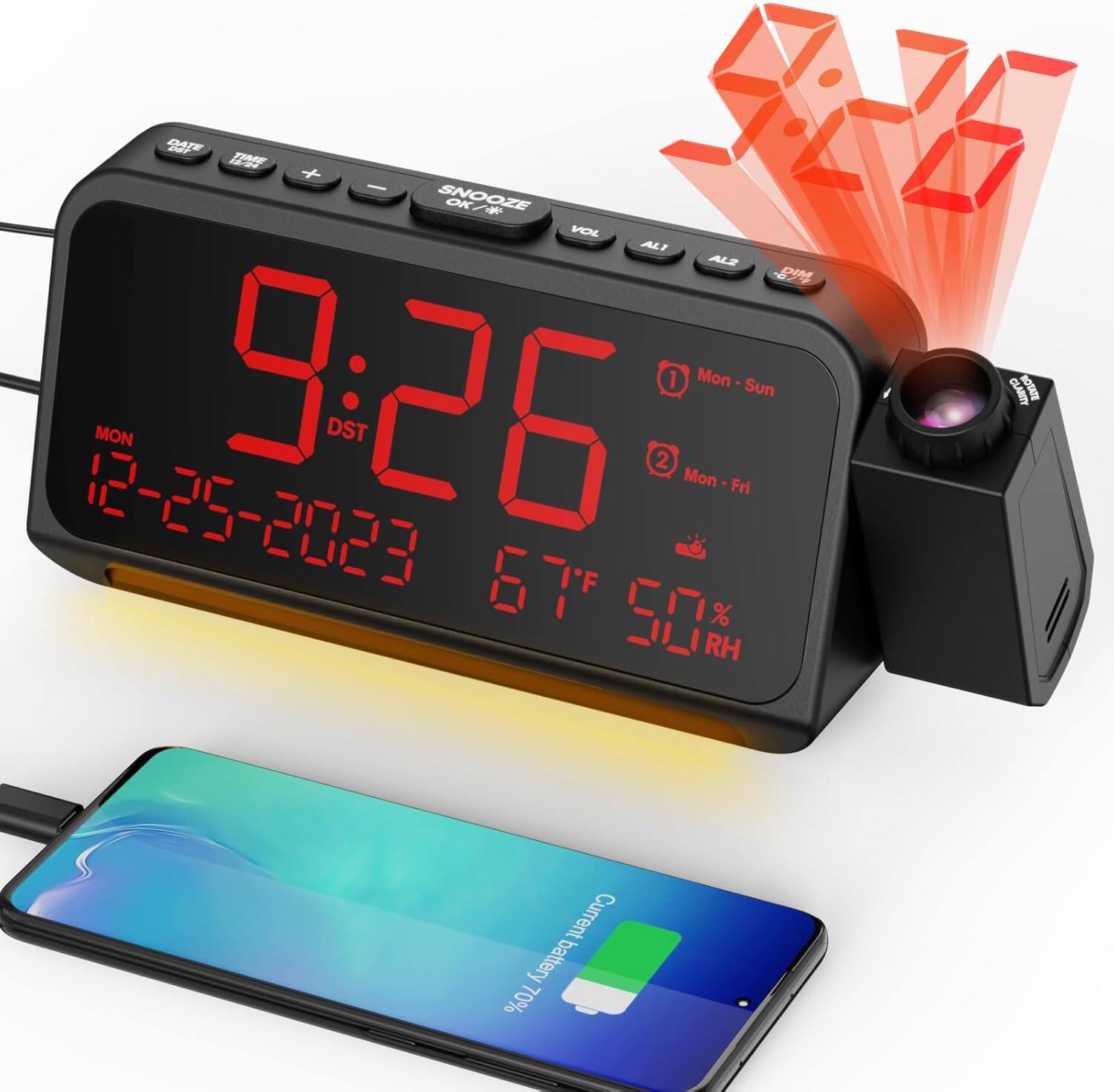 Stamp n Camp - Projection Alarm Clock for Bedroom Ceiling, Digital Projector with Weekday/Weekend Mode, Date, Temperature, Humidity - Red Digit+ Red Projection