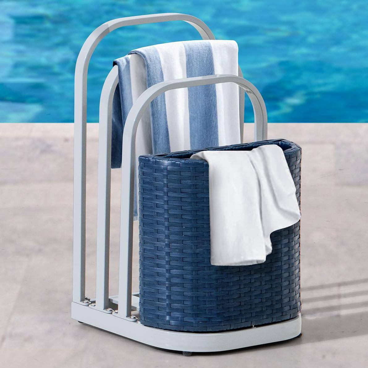 Front. SUNJOY - Sunjoy Pickford Towel Rack and Hamper (Navy).