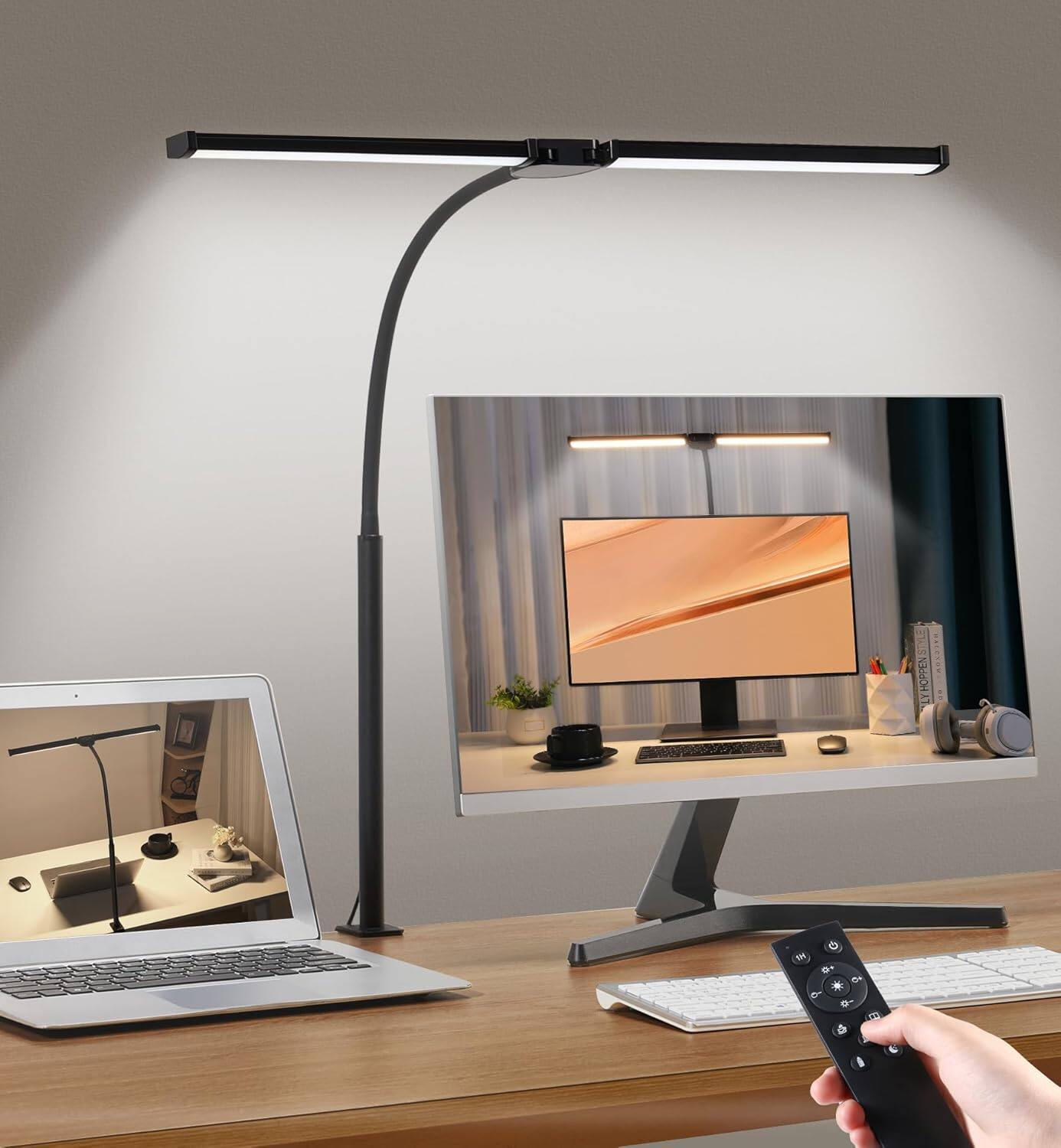 The Best Inks - Desk Lamp Light Led Clamp Smart Home Office Care Architect with Double Head Computer Monitor Table - Black