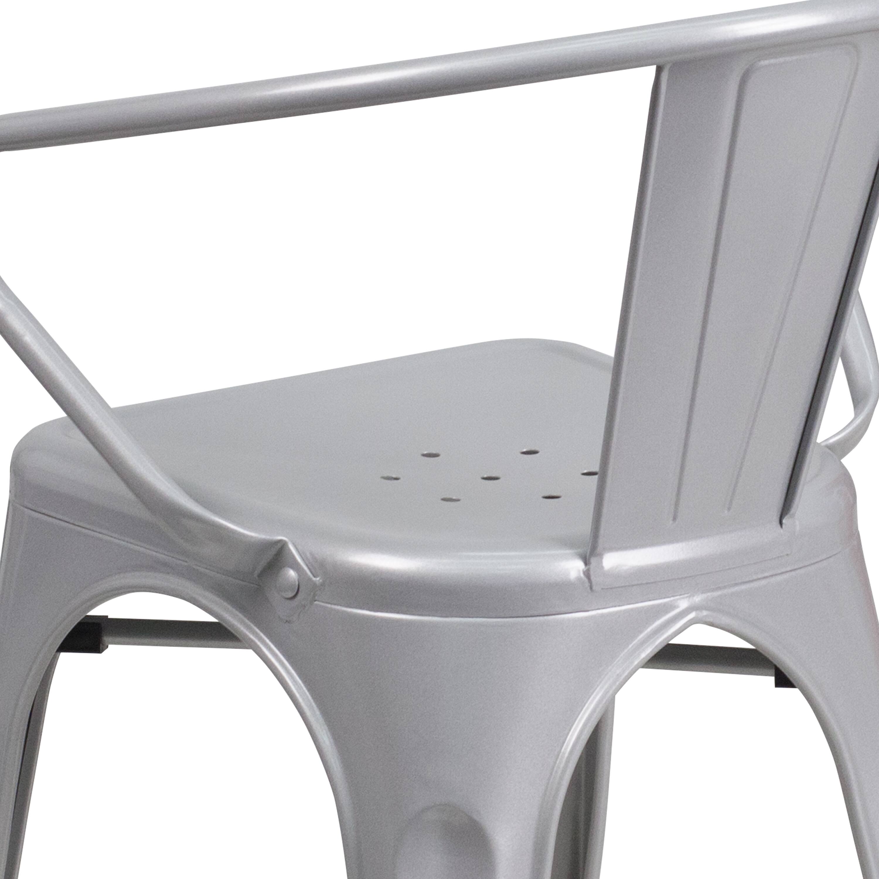 Alt View 9. Emma + Oliver - Commercial Grade Colorful Metal Indoor-Outdoor Chair with Arms - Silver.