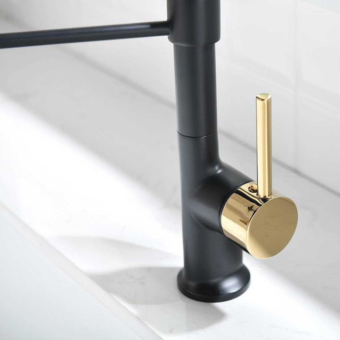 Alt View 9. Boyel Living - Matte Black with Gold Single Handle No Sensor Gooseneck Pull Down Sprayer Kitchen Faucet - Matte Black with Gold.