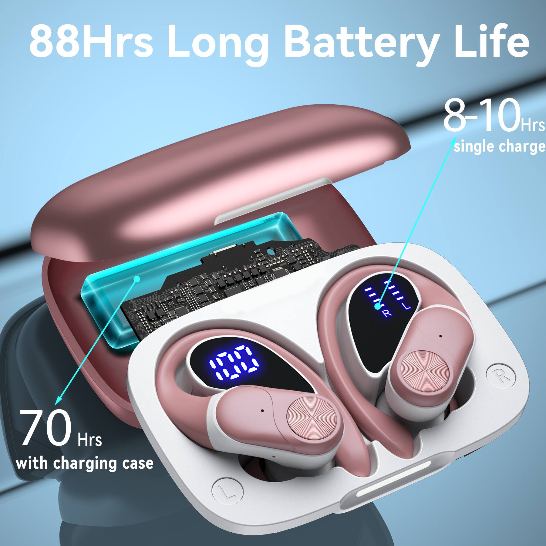 88 Hrs Long Battery Life  
8-10 Hrs single charge  
70 Hrs with charging case