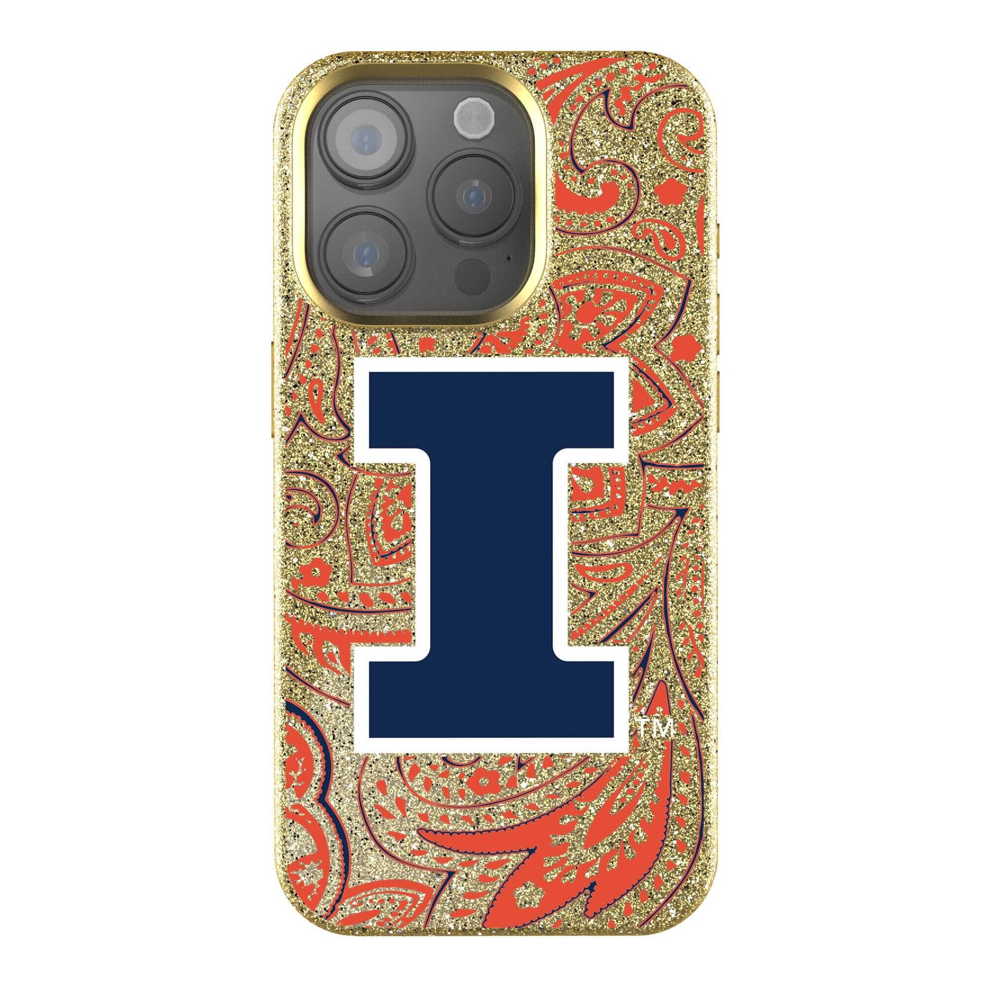Front. Keyscaper - Illinois Fighting Illini Paisley Bling iPhone Case - 16 - Gold.