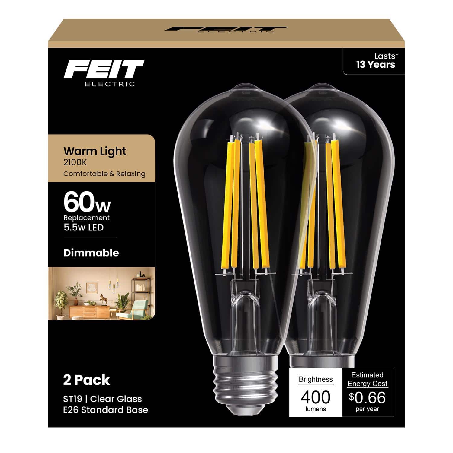 FEIT ELECTRIC - Feit ST19 E26 (Medium) Filament LED Bulb Warm Candle Light 60 Watt Equivalence 2 pk