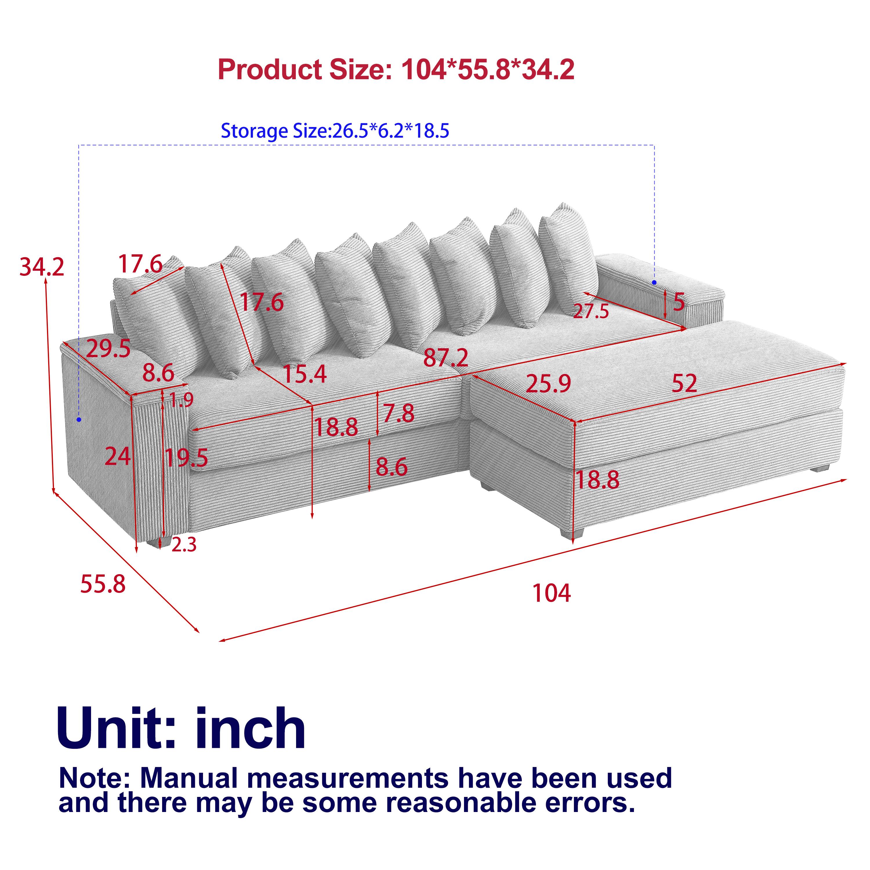 Product Size: 104*55.8*34.2  
Storage Size: 26.5*6.2*18.5  

Unit: inch  

Note: Manual measurements have been used and there may be some reasonable errors.