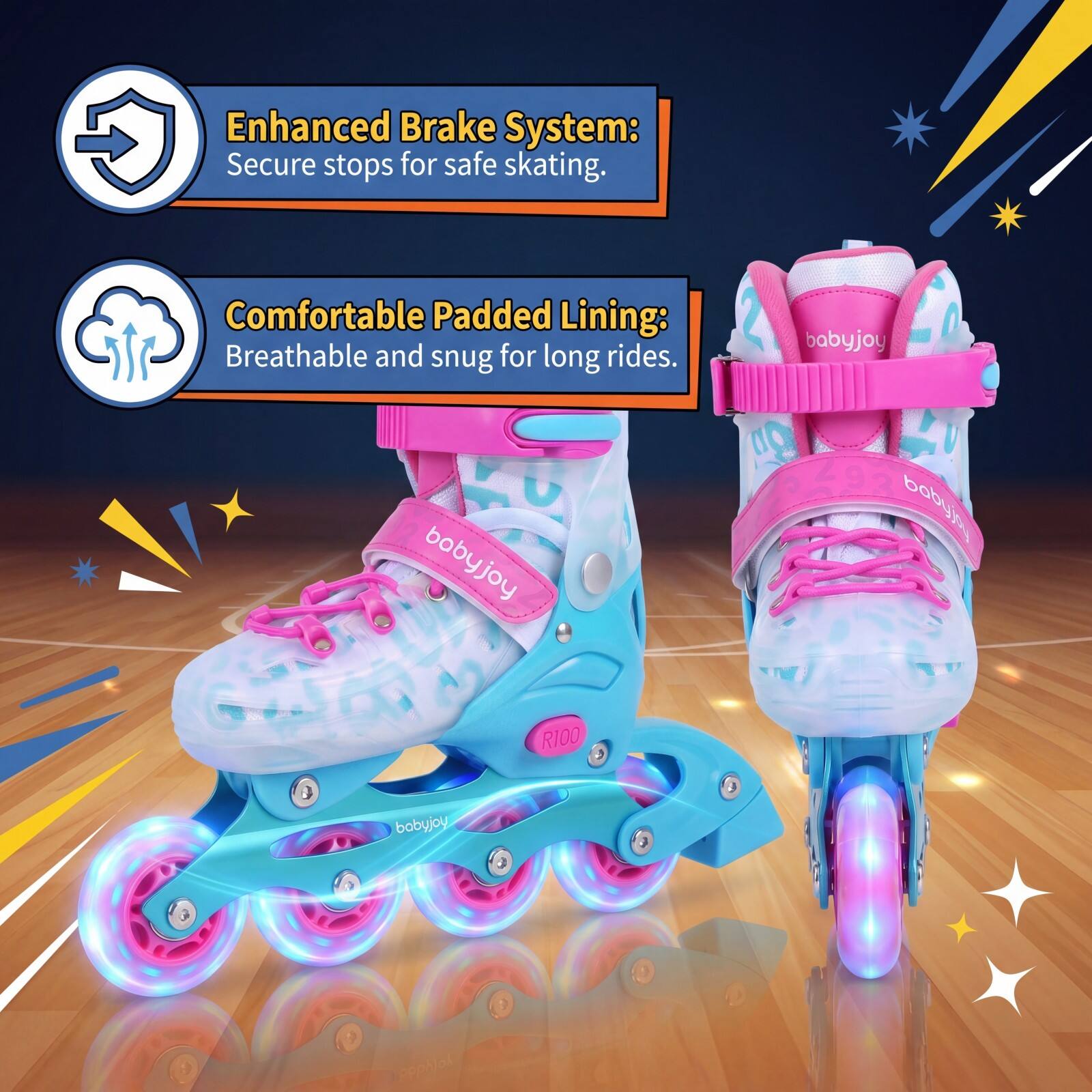 Enhanced Brake System: Secure stops for safe skating.  
Comfortable Padded Lining: Breathable and snug for long rides.  
babyjoy R100