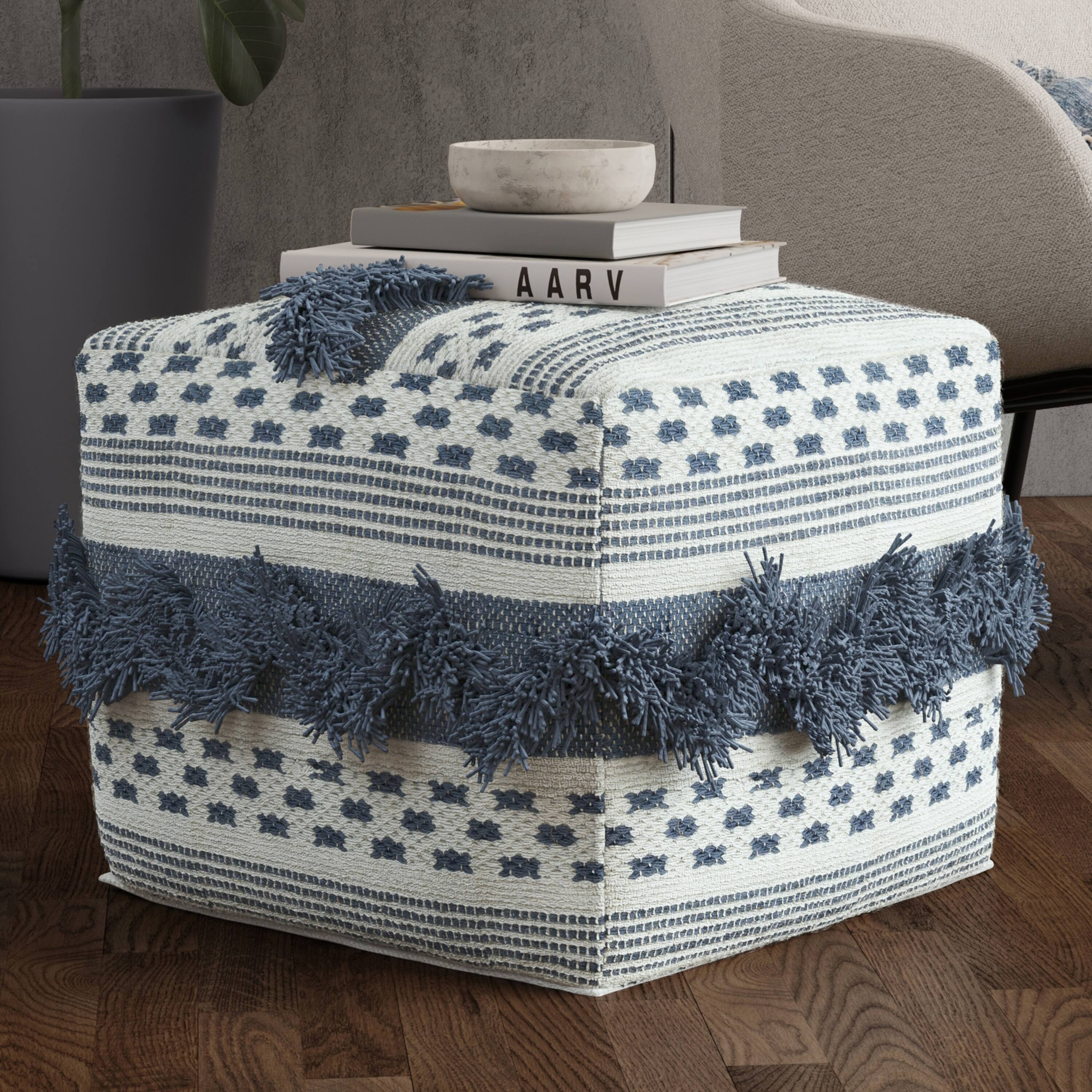 Angle. Simpli Home - Bowden Hand Woven Square Cotton Pouf Ottoman in Grey and Ivory - Grey / Ivory.