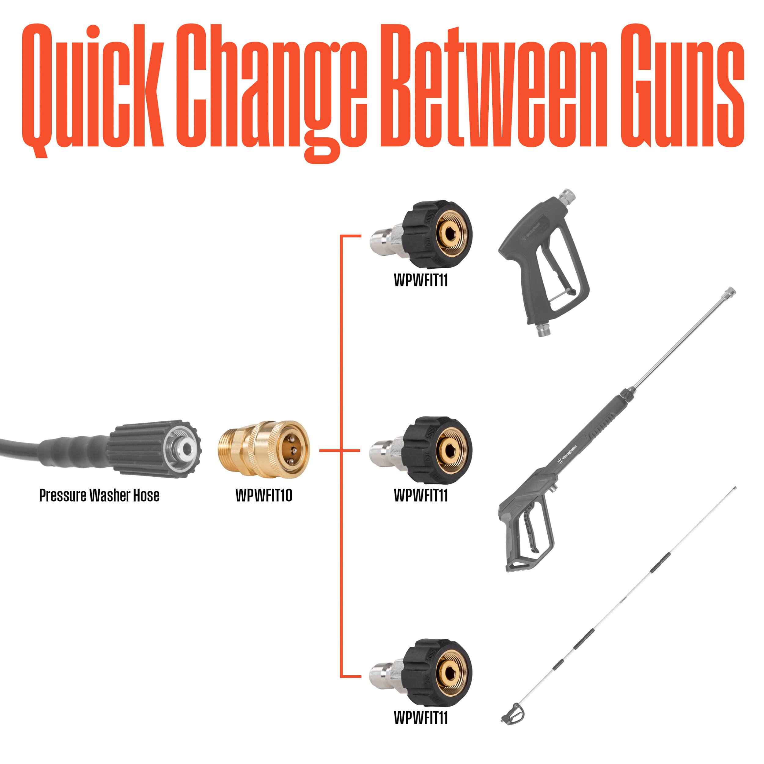 Quick Change Between Guns

Pressure Washer Hose WPWFIT10 WPWFIT11