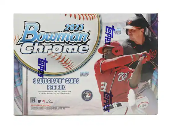 2023 Bowman Chrome Topps 3 Autograph Cards Per Box May Contain Redemption Cards With Expiration Dates. No Purchase Necessary. Visit Topps.com For Details. Exclusive Trading Card Players. Major League Baseball Officially Licensed Product of Major League Baseball. Officially Licensed Product of MLB Players, Inc.