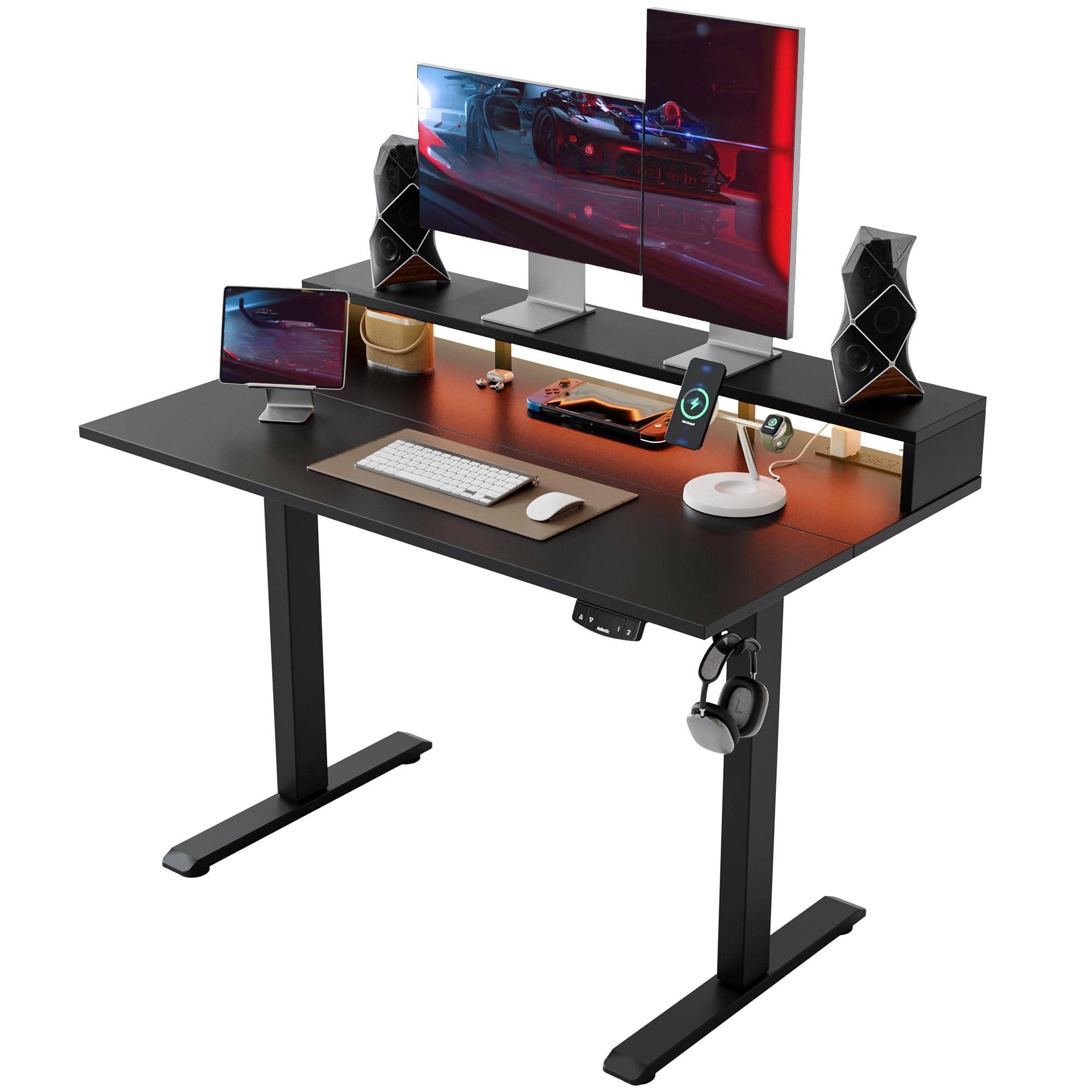Hirose Alice - Agilestic Height Adjustable Electric Standing Desk with 2 Drawers, Stand Up Electric Desk Adjustable Height - Black 48 x 24 inches with sockets and LED strip