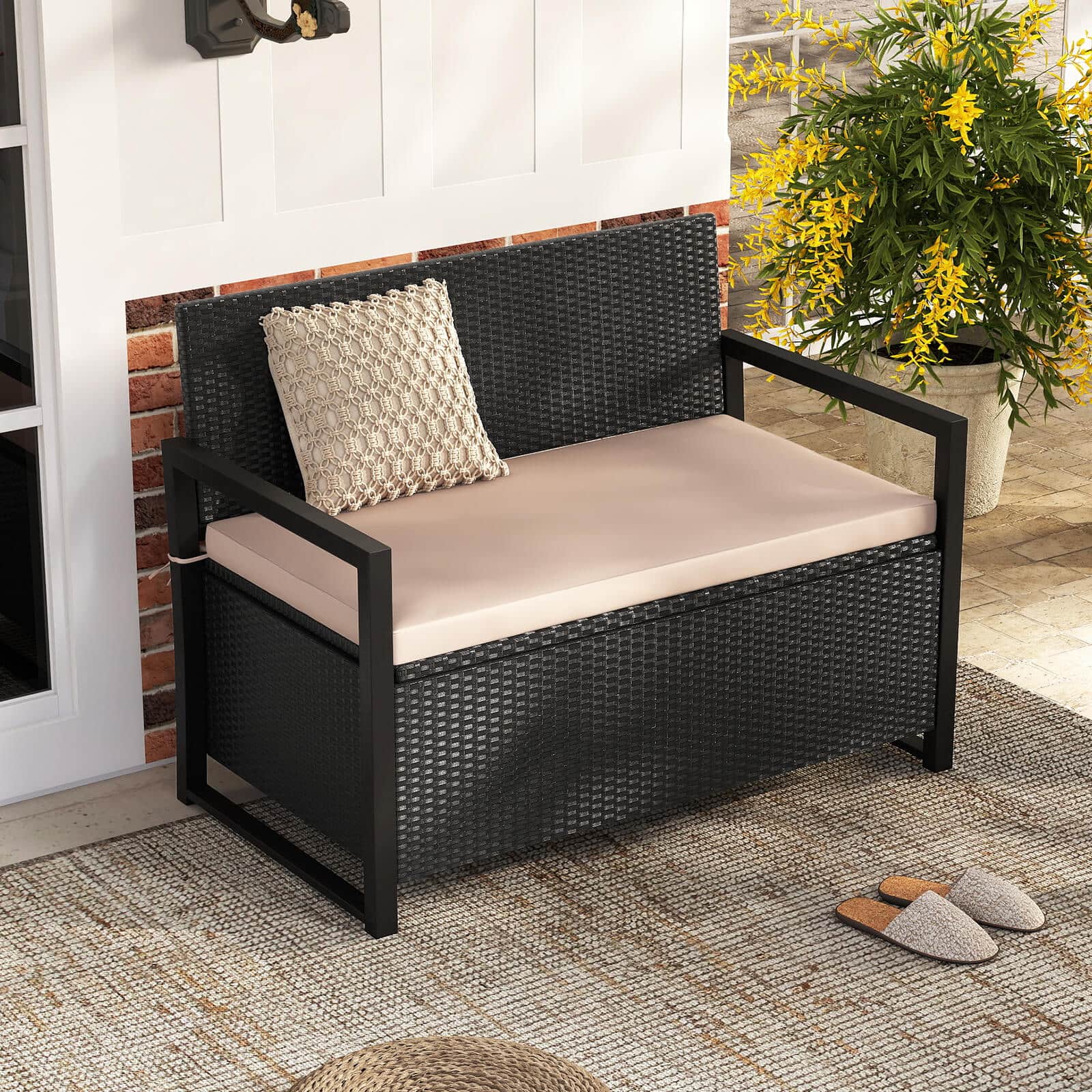 Costway- Patio Storage Bench Wicker Loveseat with Built-in Storage & Long Seat Cushion- Black