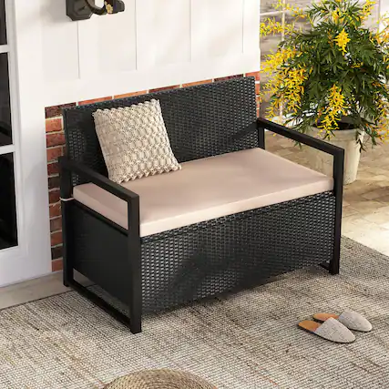 Front. Costway - Costway Patio Storage Bench Wicker Loveseat with Built-in Storage & Long Seat Cushion - Black.
