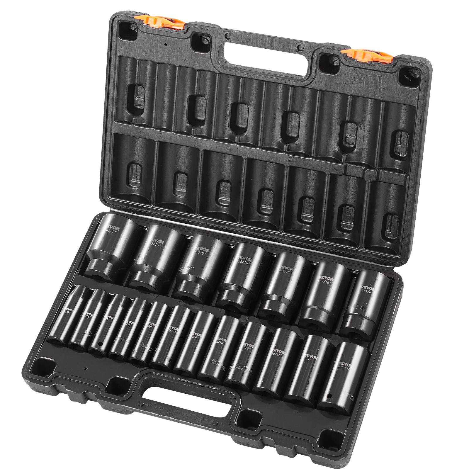 VEVOR - Impact Socket Set,1/2" 19 Piece Impact Sockets,6-Point Sockets, 1/2 Inches Drive Socket Set Impact 3/8 inch - 1-1/2 inch - Black