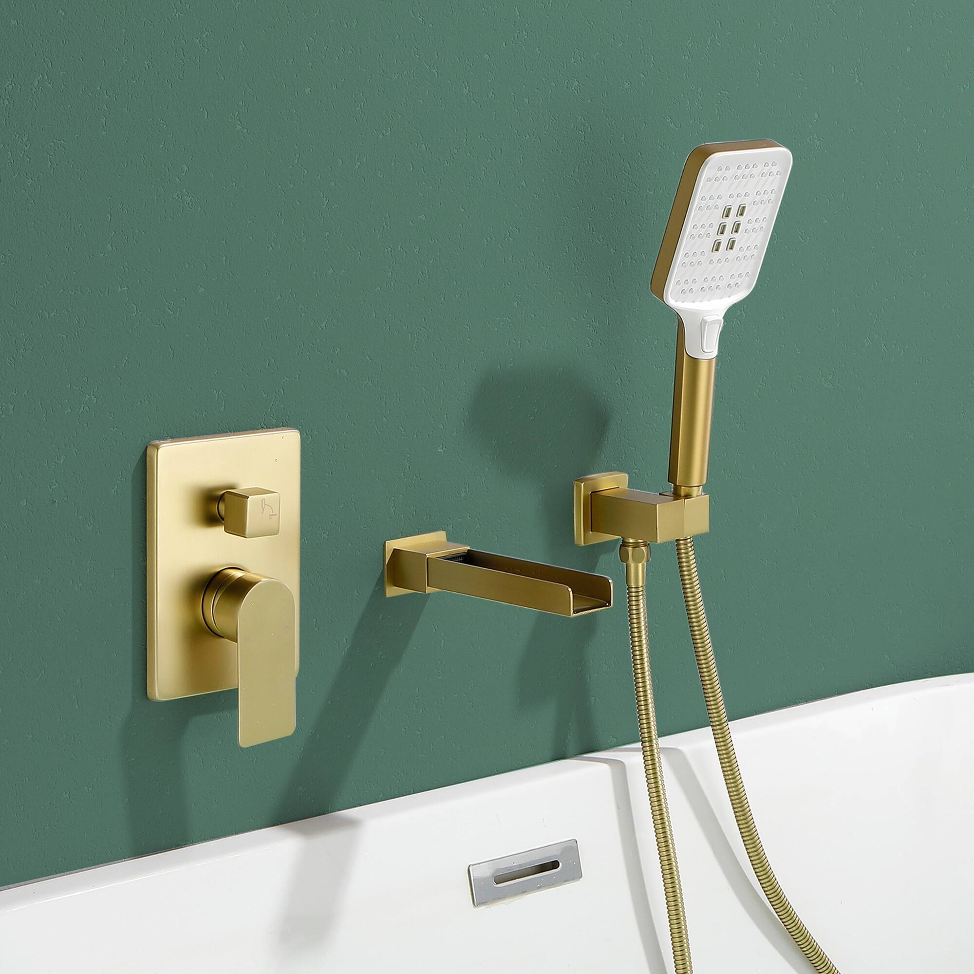 Alt View 3. Boyel Living - Brushed Gold Wall Mount Bathtub Faucet Brass 2-Function Valve 3-Function Handheld 60-Inch Steel Hose cUPC - Brushed Gold.