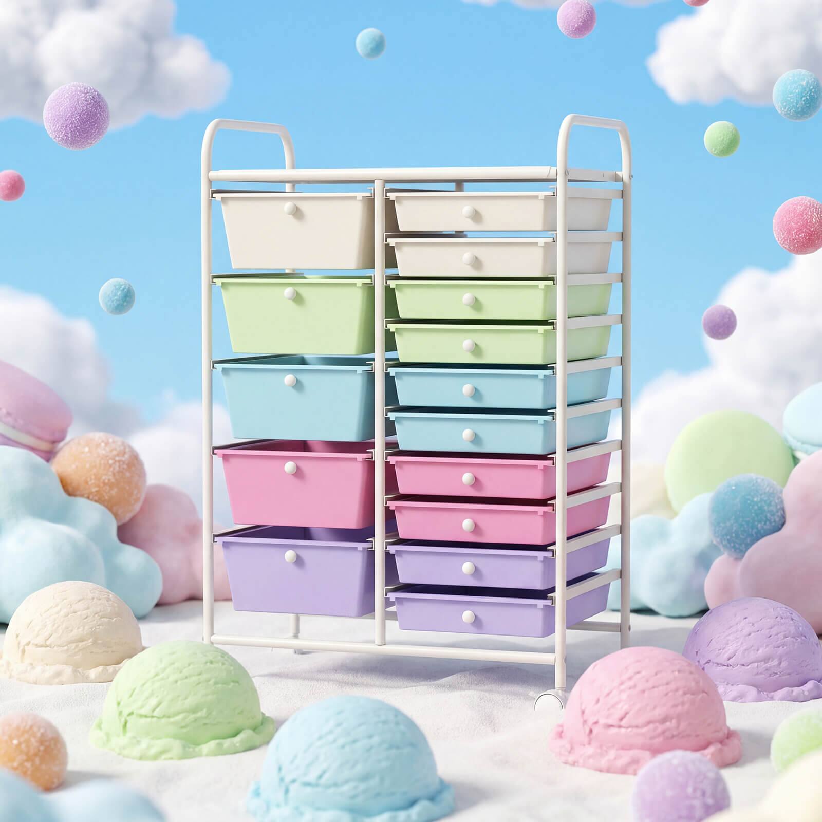 Alt View 4. Costway - Costway 15-Drawer Rolling Storage Cart Mobile Cart wirh Colorful Drawers & Metal Frame - Icecream Multicolor.