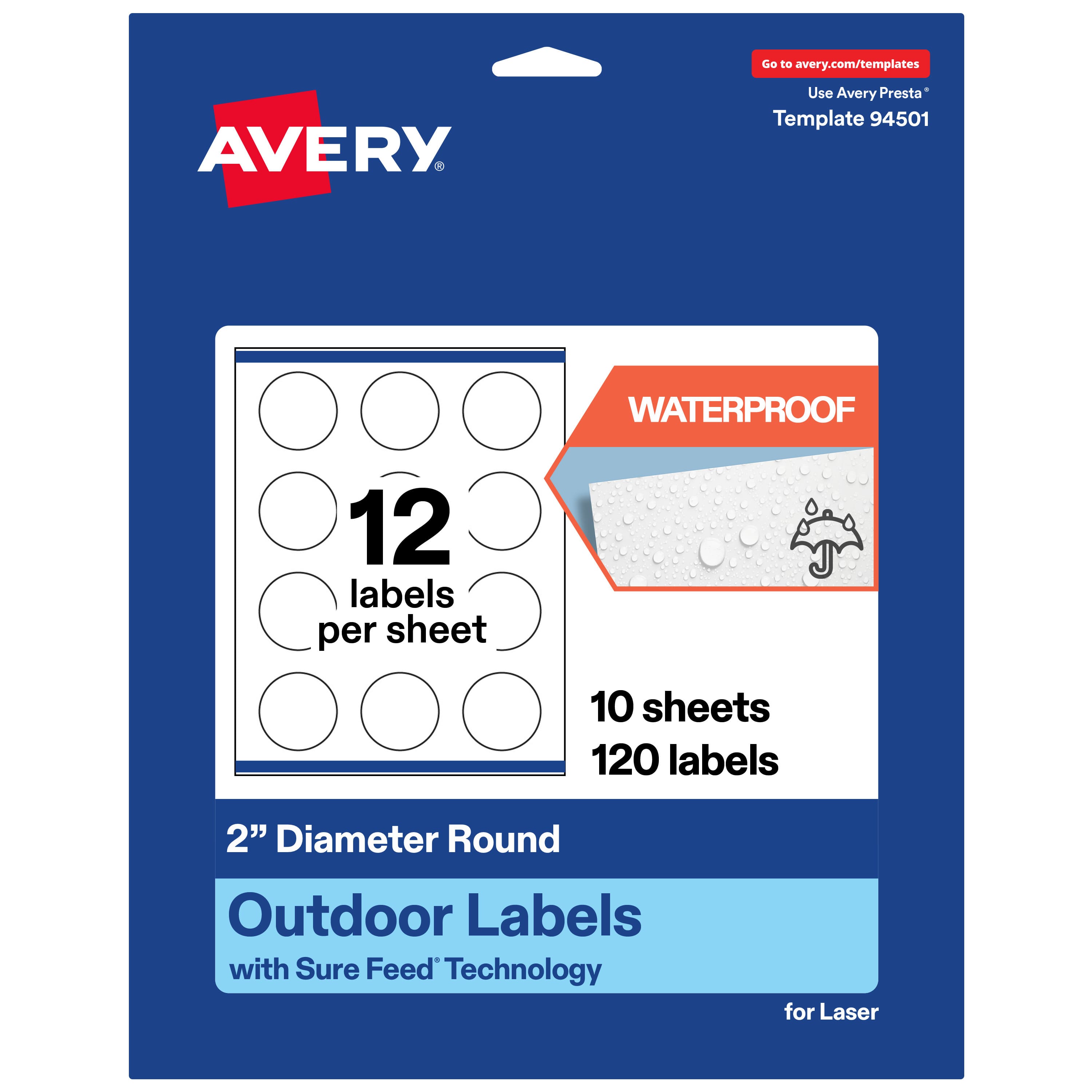 Avery - Waterproof Round Labels, 2" Diameter, 120 Total - White