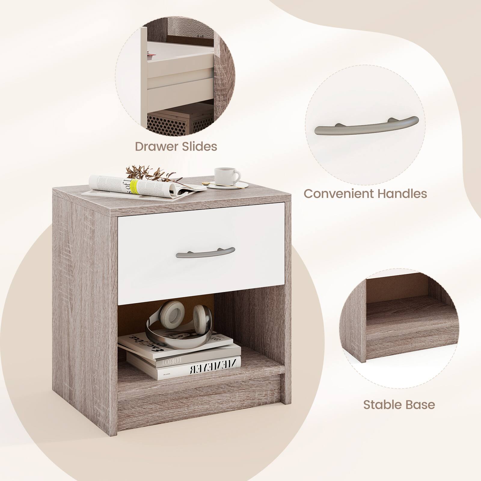 Drawer Slides, Convenient Handles, Stable Base