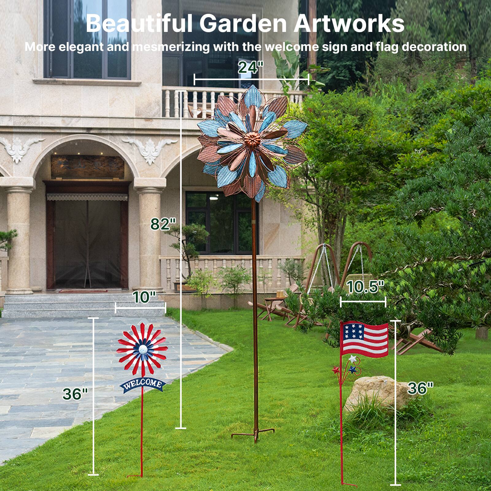 Beautiful Garden Artworks  
More elegant and mesmerizing with the welcome sign and flag decoration  

- 24"  
- 82"  
- 10"  
- 10.5"  
- 36"  
- WELCOME 36"