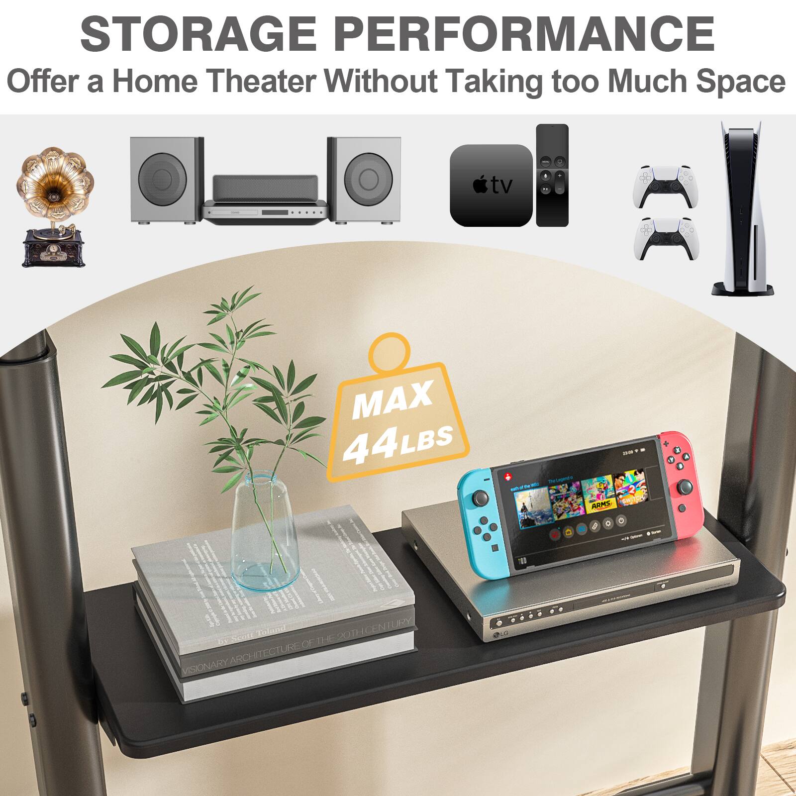 STORAGE PERFORMANCE  
Offer a Home Theater Without Taking too Much Space

tv

MAX 44LBS

The Legendra ARMS 0 4 EVOR -  
by Scott Toland OF THE 20THCENTURY VISIONARY ARCHITECTURE