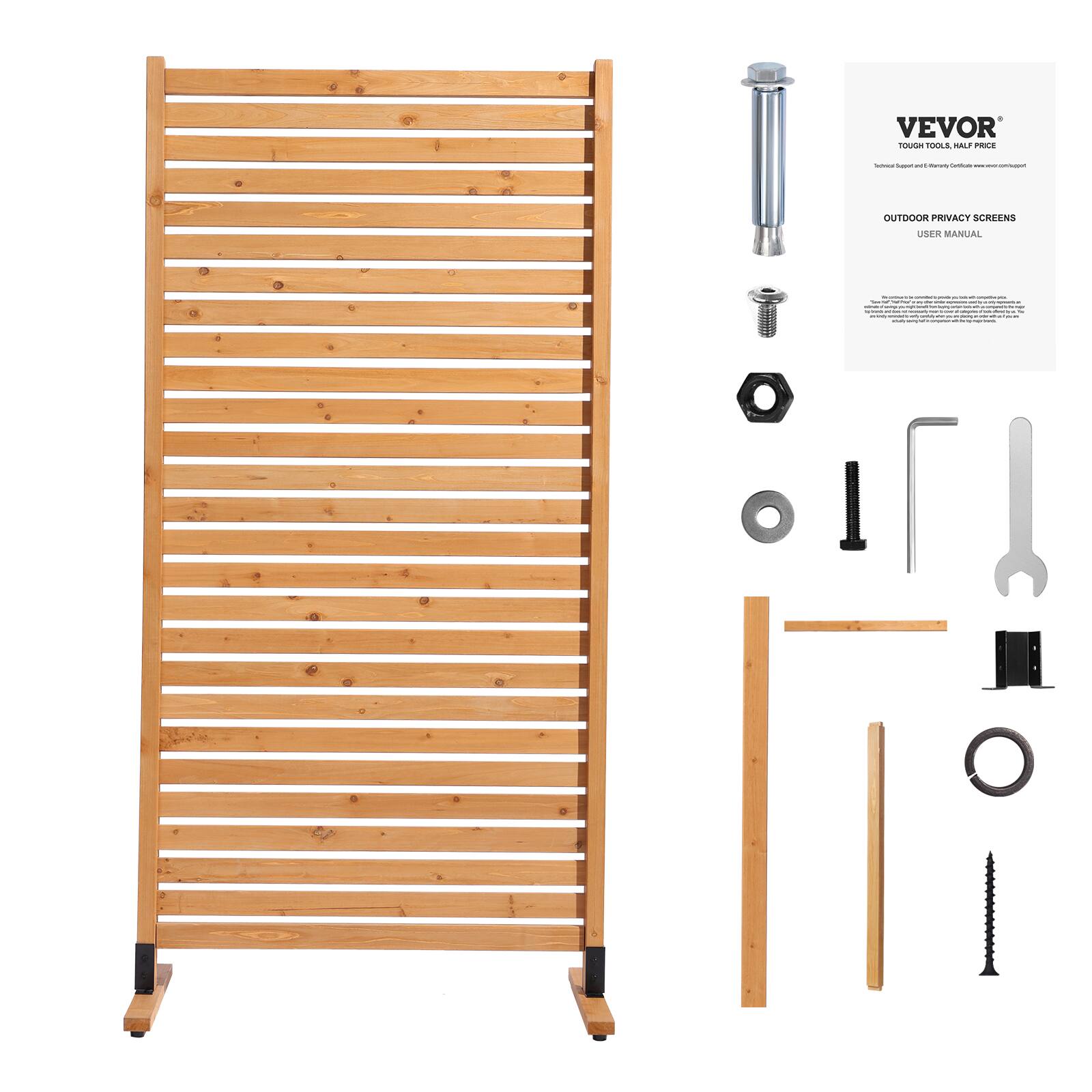 VEVOR  
TOUGH TOOLS, HALF PRICE  

OUTDOOR PRIVACY SCREENS  
USER MANUAL  

Please read the following instructions carefully before assembling your outdoor privacy screen.  

1. **Tools Required:**  
   - Screwdriver  
   - Wrench  

2. **Assembly Steps:**  
   - Attach the metal pole to the top of the screen using the provided screws and nuts.  
   - Insert the wooden slats into the frame, ensuring they are evenly spaced.  
   - Secure the bottom frame with the provided screws and brackets.  
   - Attach the legs to the bottom frame using the screws and nuts.  

3. **Maintenance:**  
   - Clean the screen regularly to prevent dirt buildup.  
   - Apply a wood preservative to protect the slats from weathering.  

For further assistance, visit our website or contact customer support.  

www.vevor.com