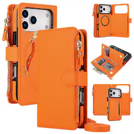 Dteck - Wallet Phone Case for Apple iPhone 18 Pro Max, 2 in 1 RFID Shockproof Leather Magnetic TPU Cover with Crossbody Strap - Orange