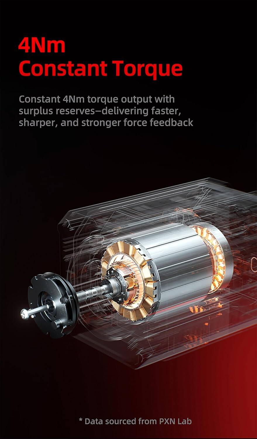 4Nm Constant Torque

Constant 4Nm torque output with surplus reserves—delivering faster, sharper, and stronger force feedback

* Data sourced from PXN Lab