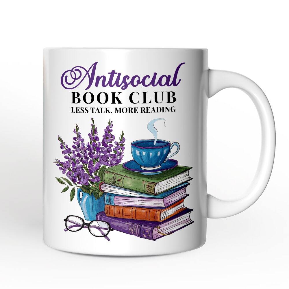 OrnamentallyYou - Lavender Antisocial Book Club Mug Gift For Book Lovers - White