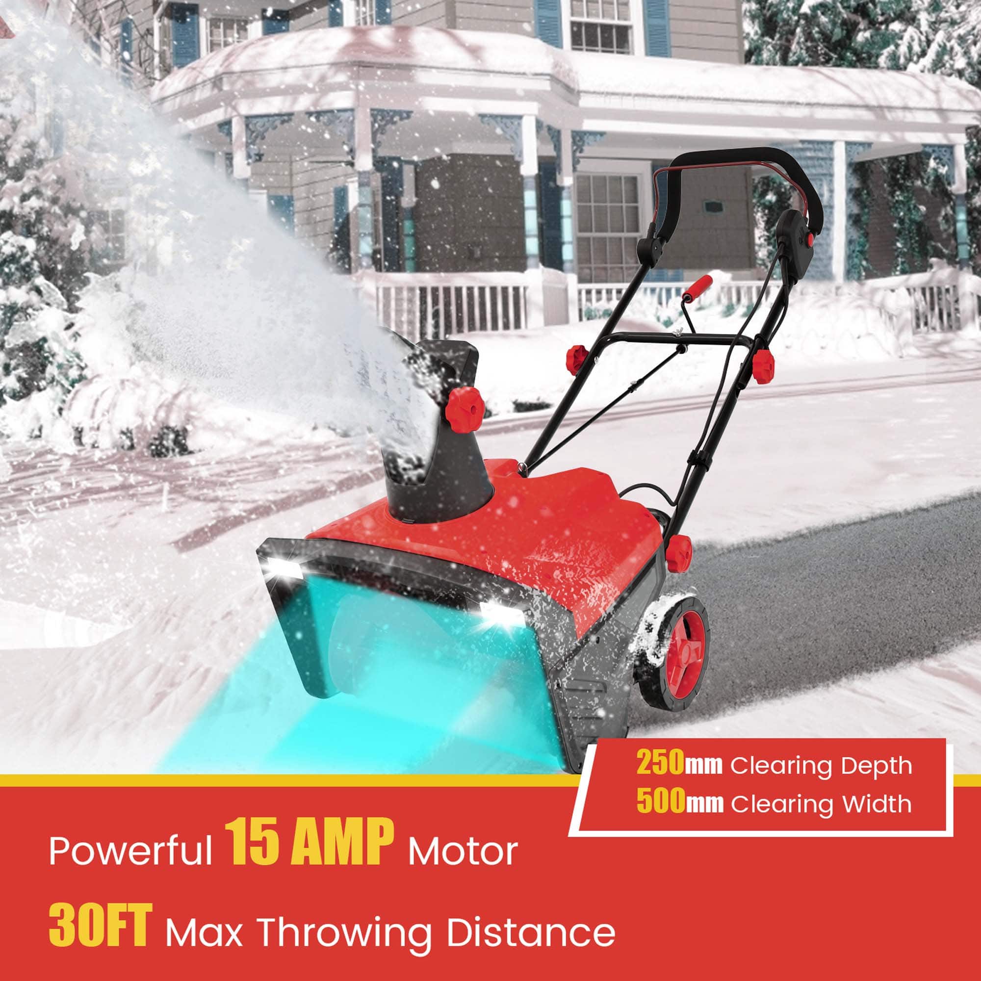 The image features a snow blower with a powerful 15 AMP motor, capable of clearing a 250mm depth and a 500mm width. It also has a 30FT maximum throwing distance.