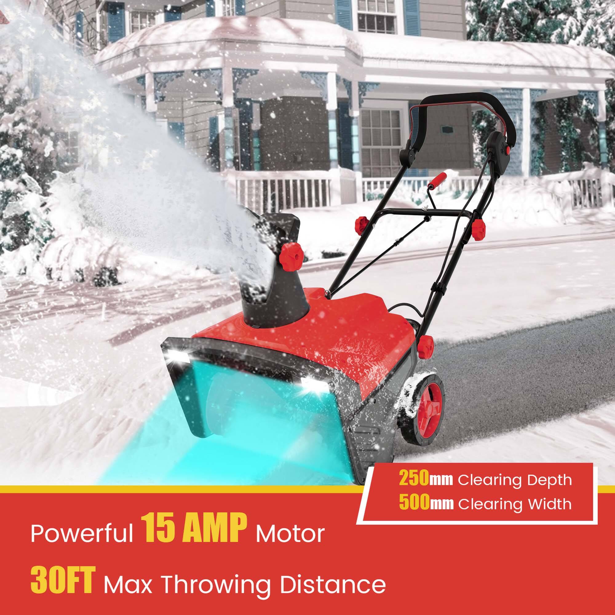 The image features a snow blower with a powerful 15 AMP motor, capable of clearing a 250mm depth and a 500mm width. It also has a 30FT maximum throwing distance.