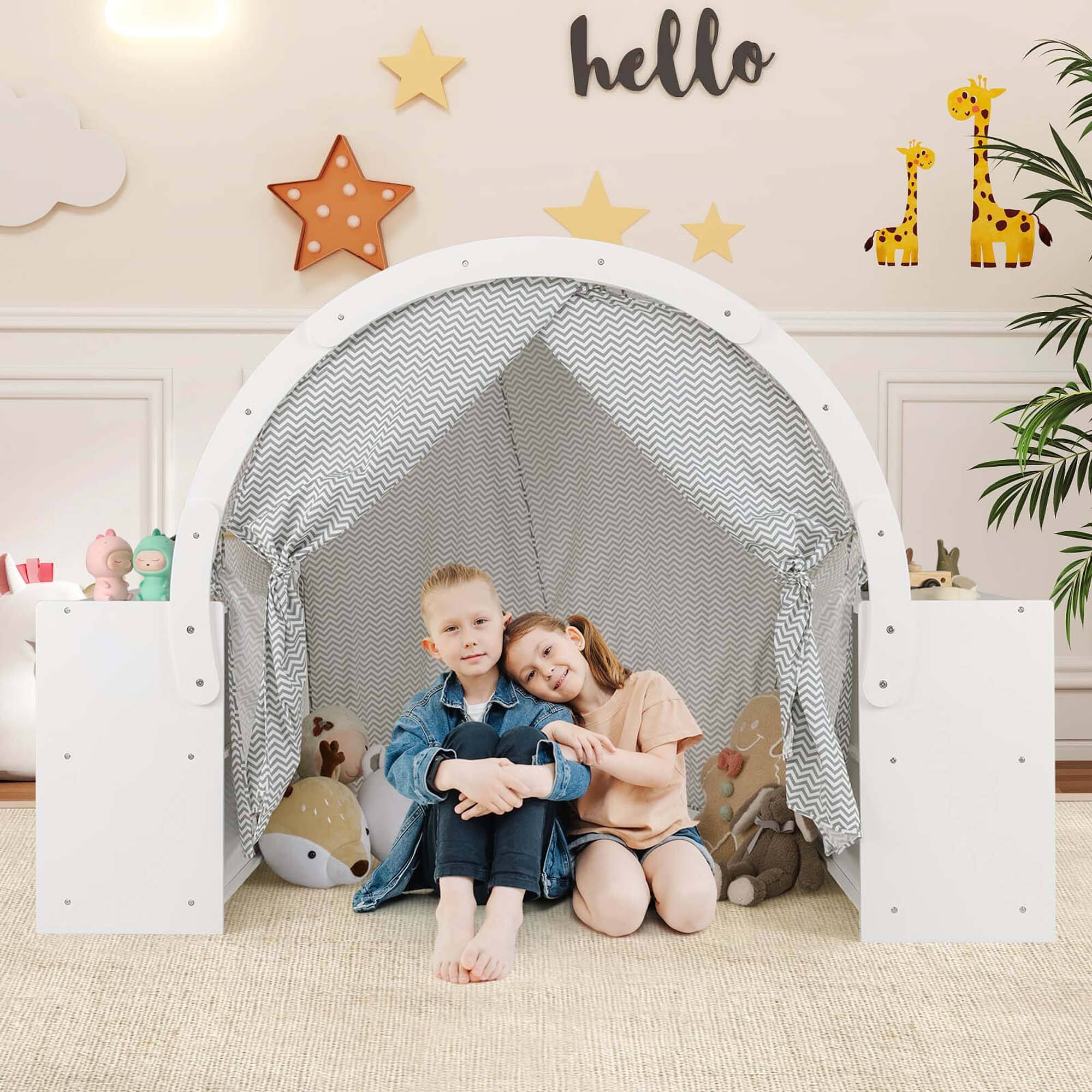 Alt View 3. Costway - Costway Indoor Playhouse with Storage Wooden Kids Play Tent with Curtain Shades & 8 Cubbies - White.