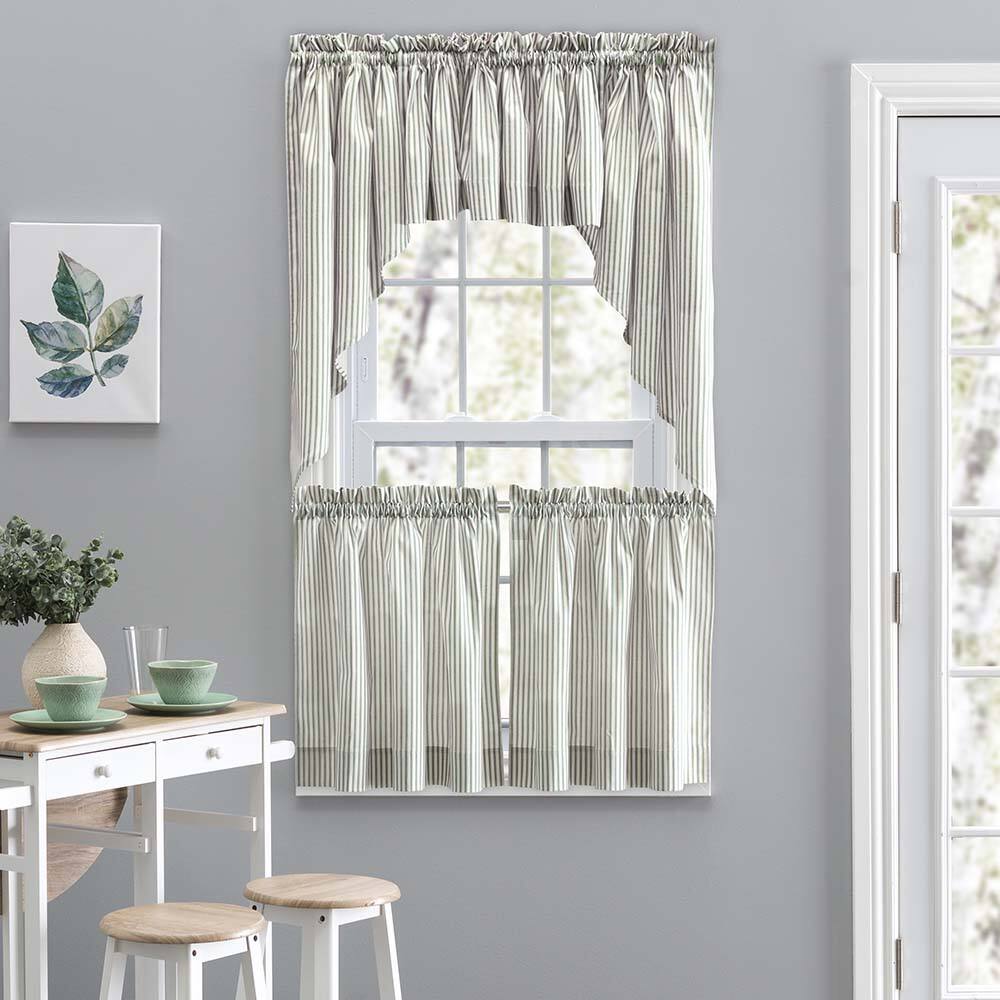 Left. Ellis Curtain - Ellis Curtain Plaza Classic Ticking Stripe Printed on 1.5" Rod Pocket Natural Ground Tailored Swag 56" x 36" Sage - Sage.