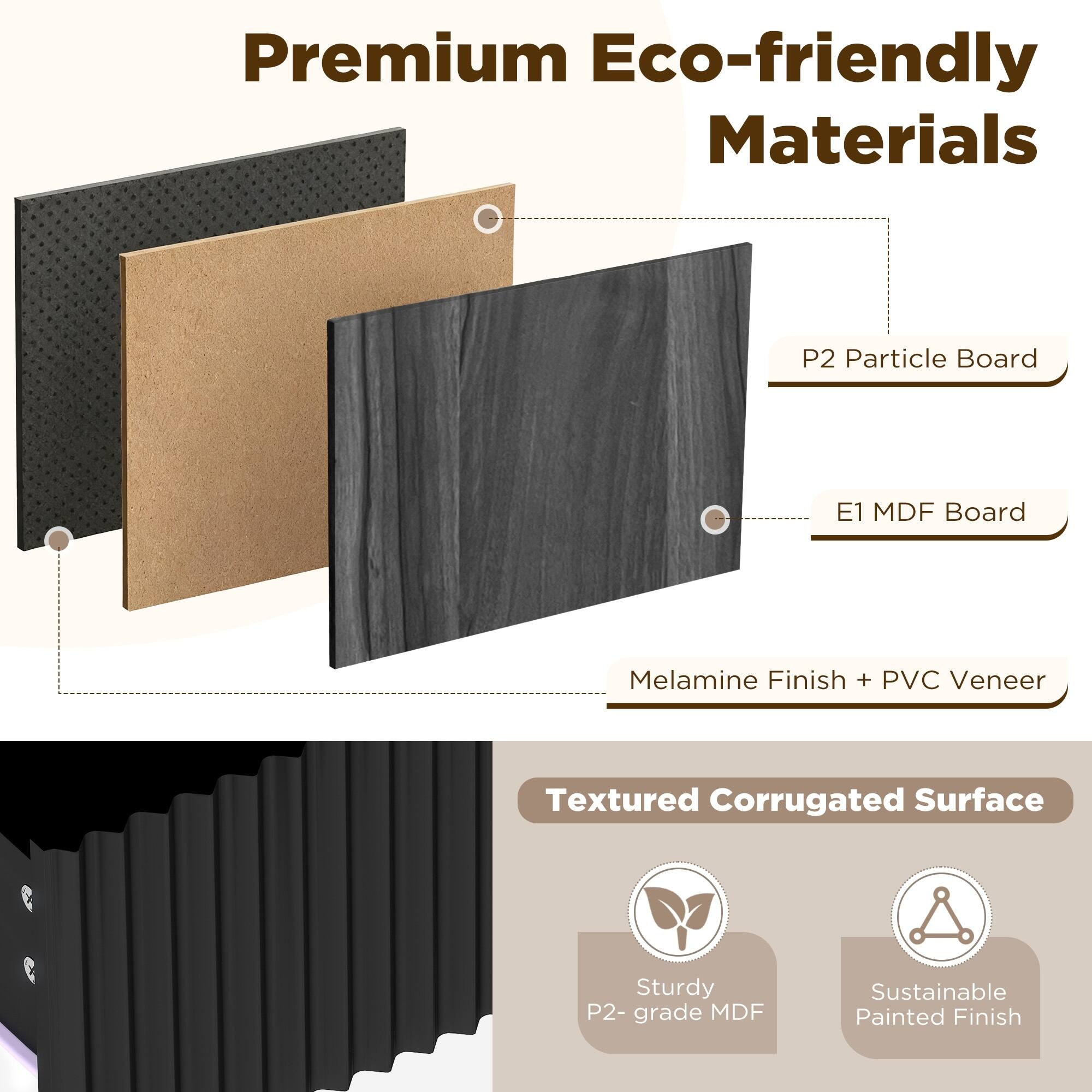 Premium Eco-friendly Materials

- P2 Particle Board
- E1 MDF Board
- Melamine Finish + PVC Veneer

Textured Corrugated Surface

- Sturdy P2-grade MDF
- Sustainable Painted Finish