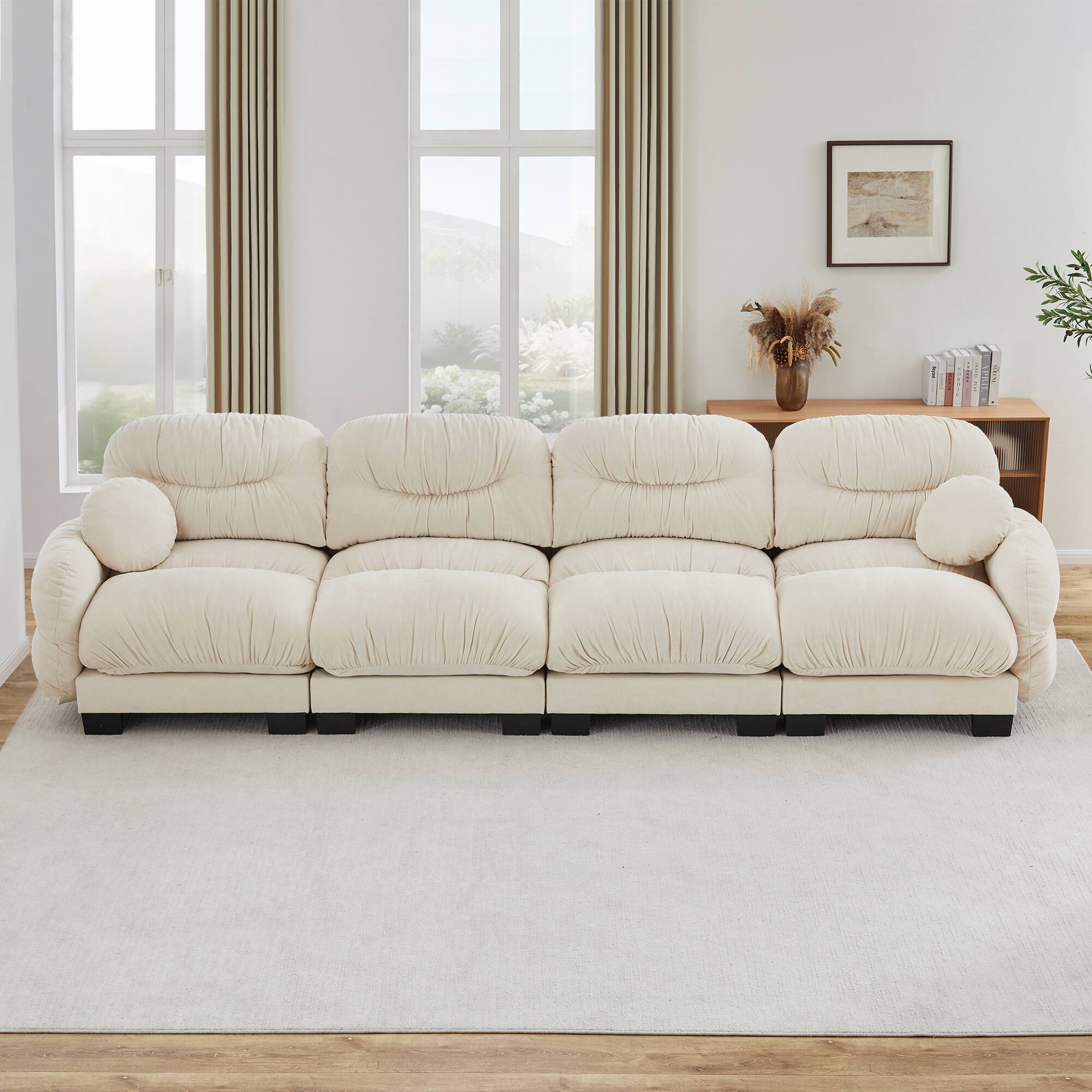 Left. Anysun - 4 Seater Modular Sofa with Chenille Fabric, High-Density Foam & Curved Armrests, Pleated Design for Living Room - Beige.