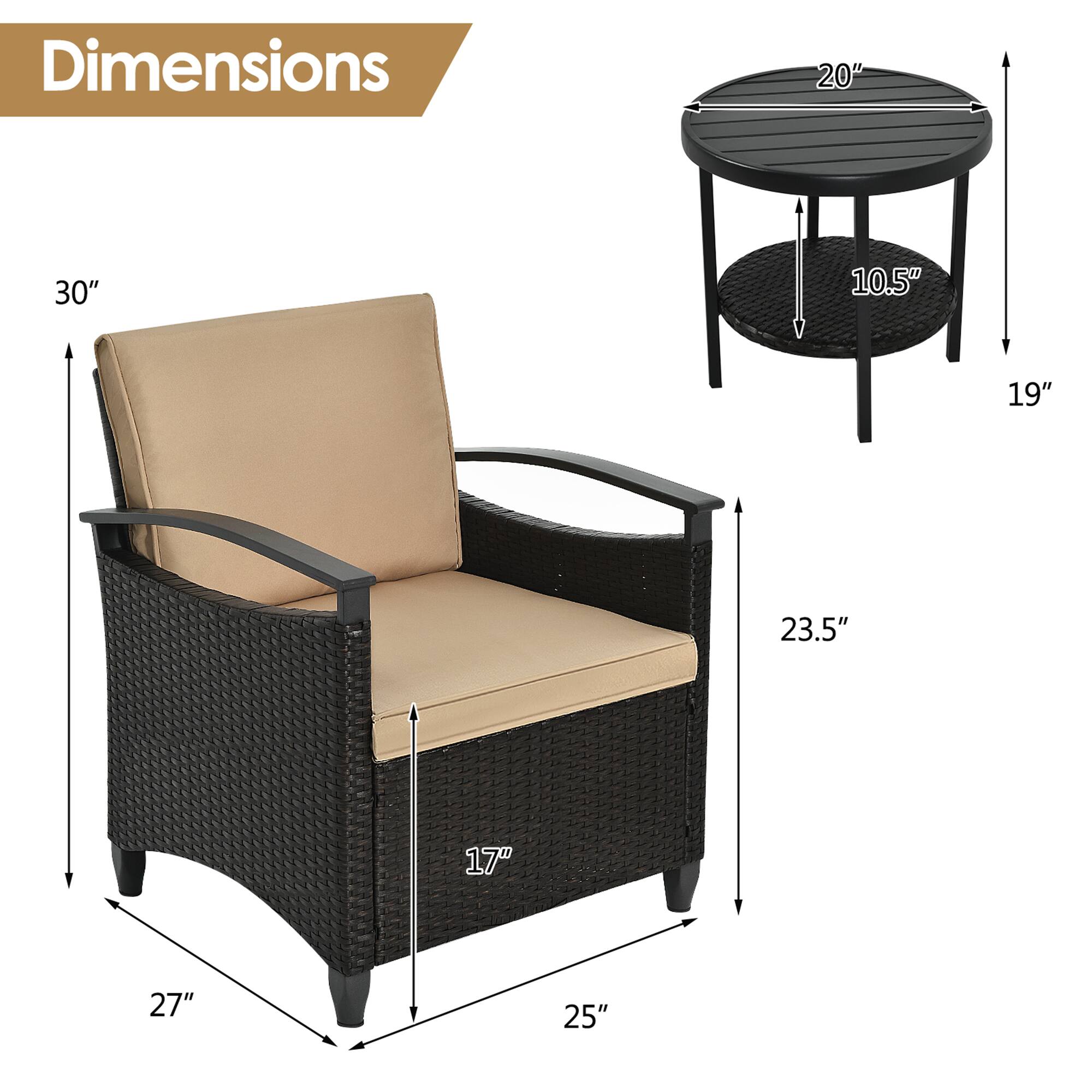 Dimensions

- Armchair:
  - Height: 30"
  - Width: 27"
  - Depth: 25"
  - Seat Height: 17"
  - Armrest Height: 23.5"

- Round Table:
  - Diameter: 20"
  - Height: 19"
  - Base Diameter: 10.5"