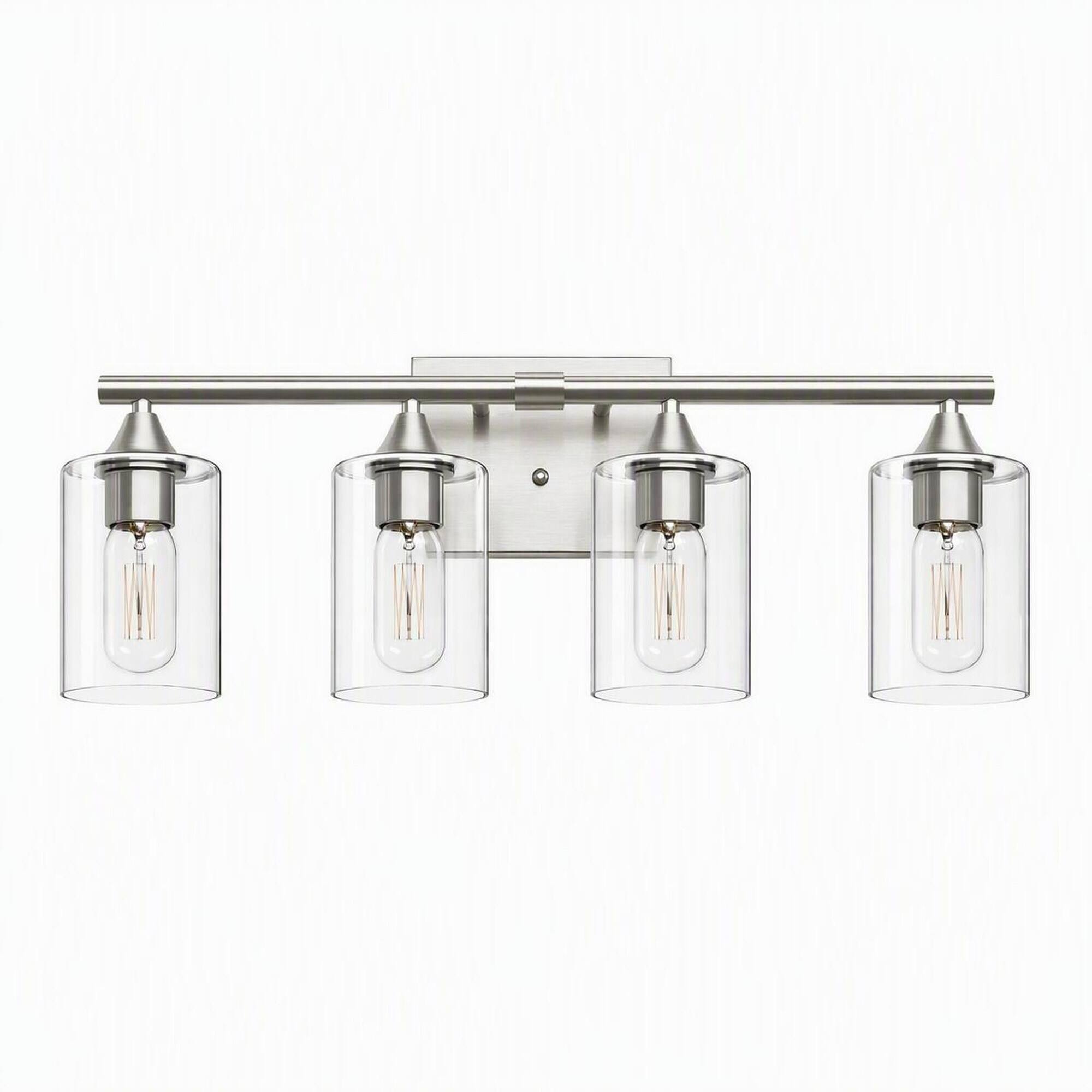 Front. RYHNUYNE - 4-Light Brushed Nickel Vanity Light for Bathroom, Clear Glass Shade Wall Sconce, Moisture-Proof Metal Frame.