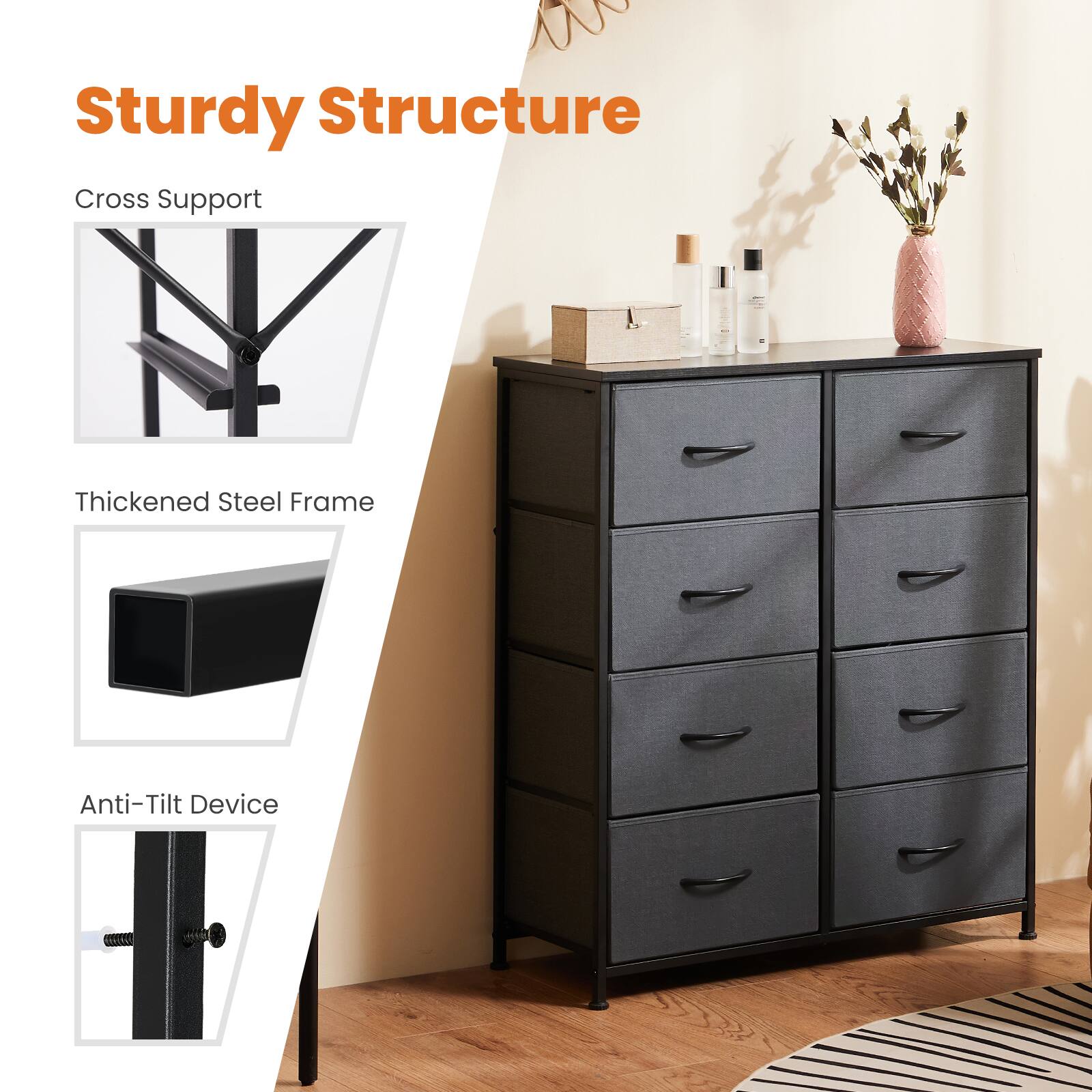 Sweetcrispy 8 Drawer Fabric Dresser，Tall Chest of Drawers Storage ...