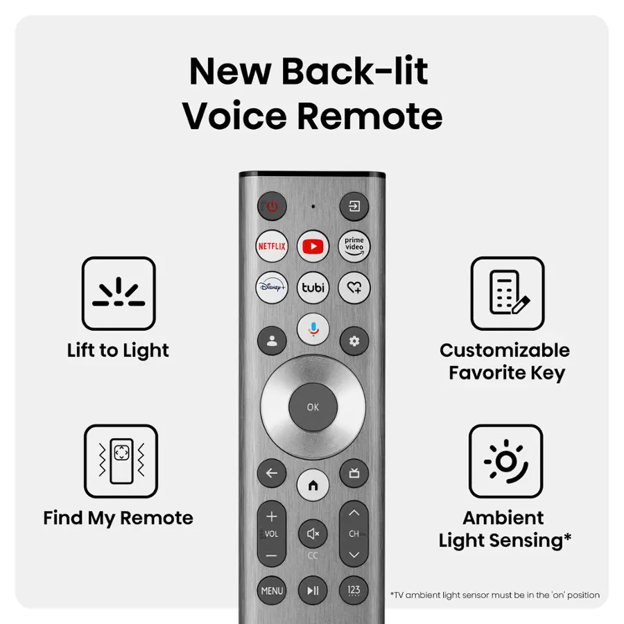New Back-lit Voice Remote: Featuring Netflix, Prime Video, Disney+, Tubi, and Customizable Favorite Key. The remote also includes a Find My Remote feature and Ambient Light Sensing for a more comfortable viewing experience.