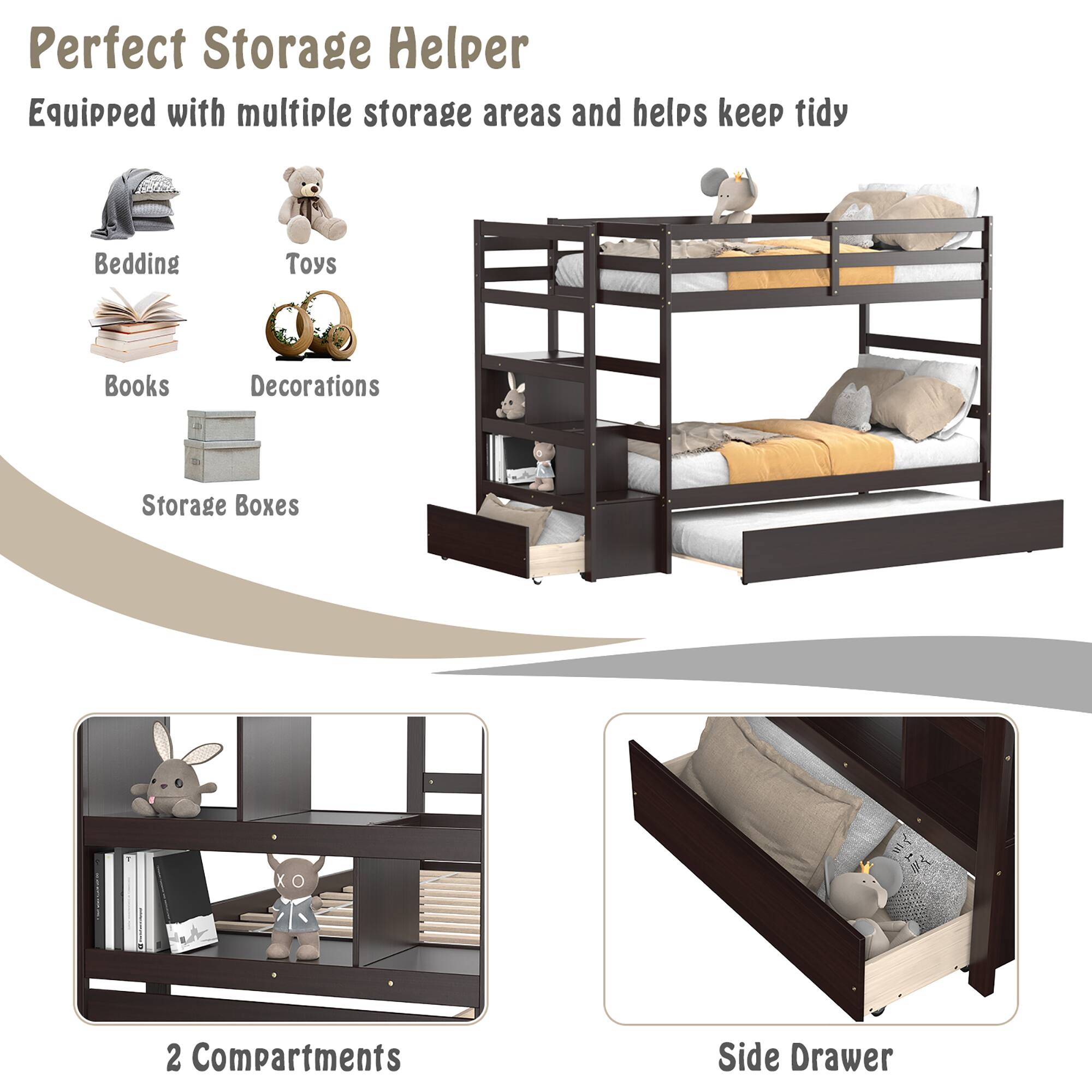 Perfect Storage Helper  
Equipped with multiple storage areas and helps keep tidy  

- Bedding  
- Toys  
- Books  
- Decorations  
- Storage Boxes  

2 Compartments  
Side Drawer