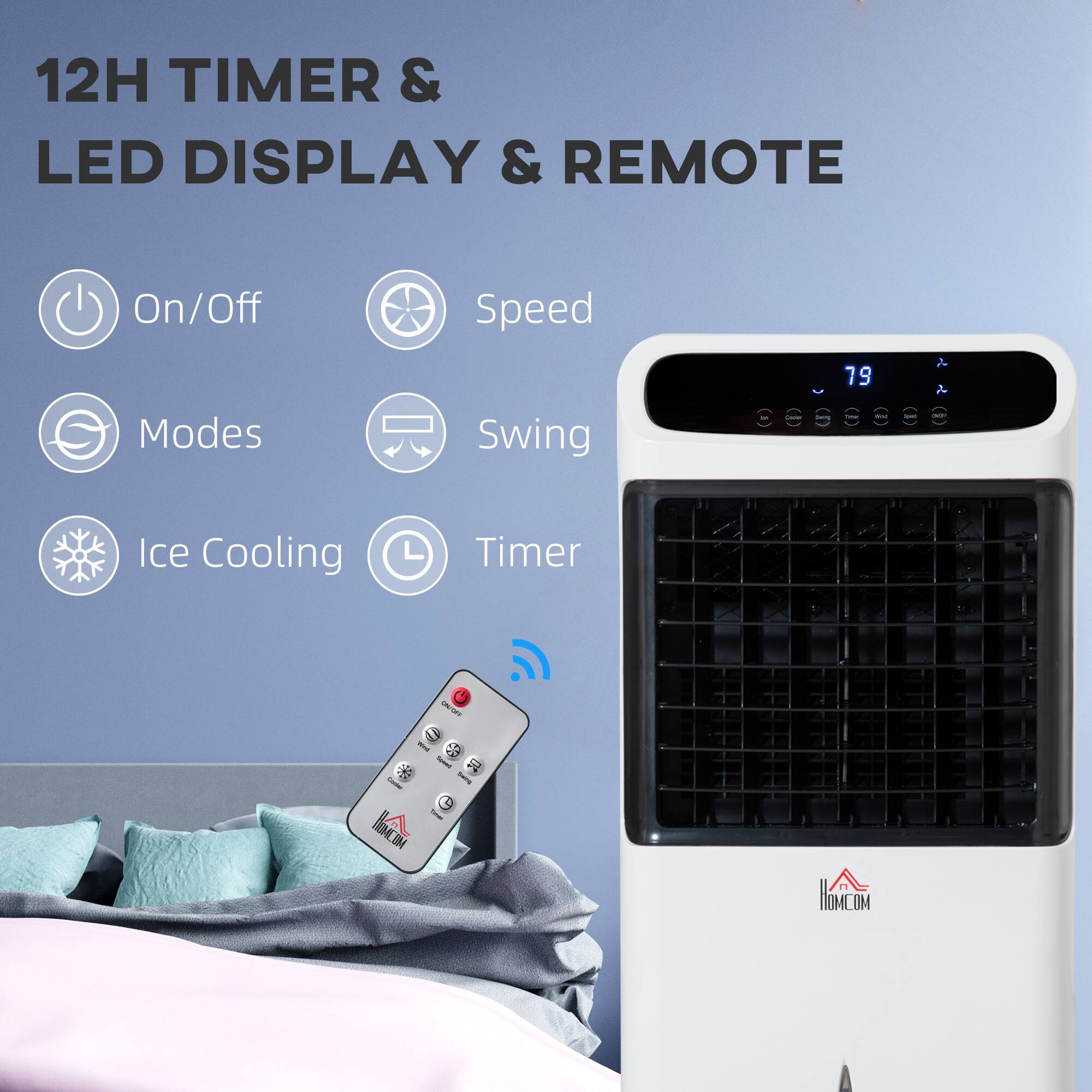 12H TIMER & LED DISPLAY & REMOTE

- On/Off
- Speed
- Modes
- Swing
- Ice Cooling
- Timer

19 Modes

HOMCOM