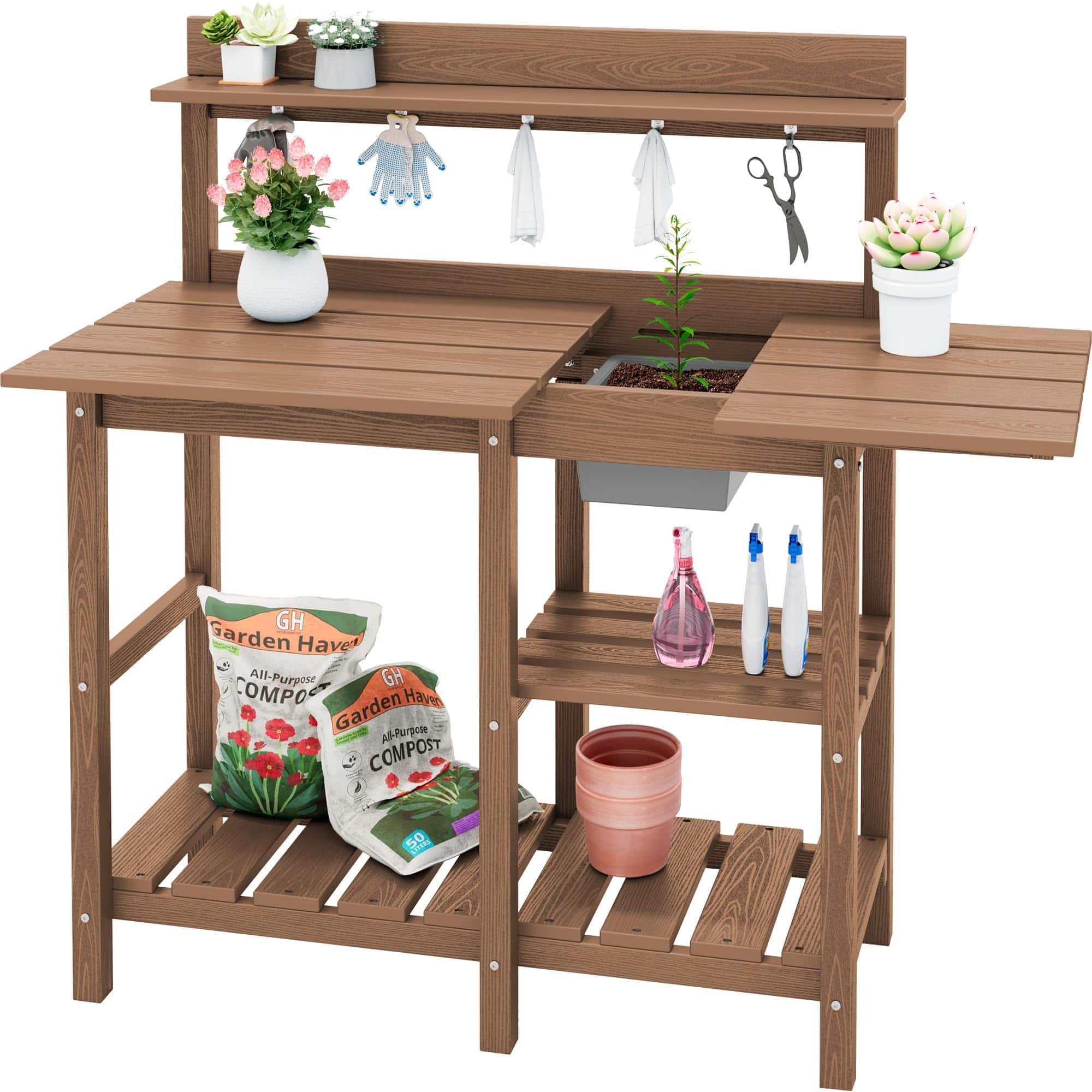 SERWALL - Outdoor Potting Bench with Removeable Sink, Rot-resistant HDPE Potting Table for Outside Gardening, All Weather Use - Brown price history on PriceWatchPro
