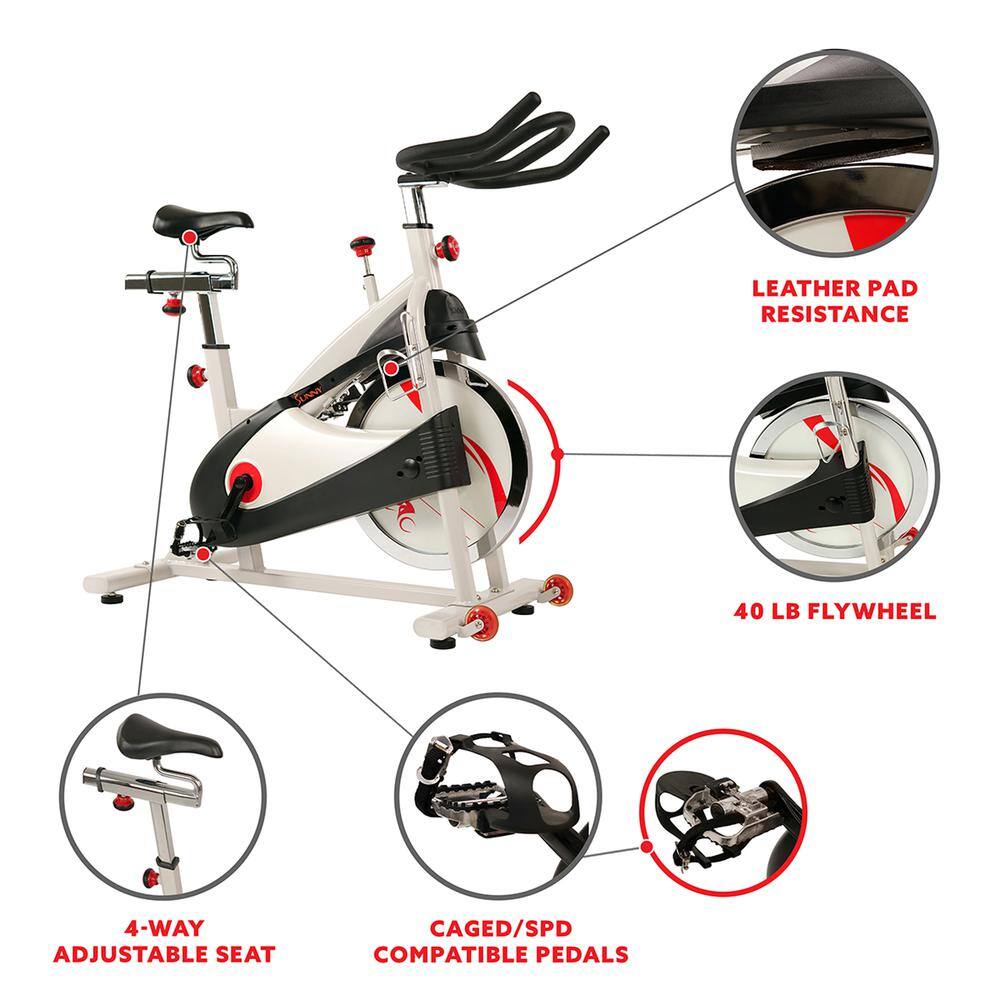 LEATHER PAD RESISTANCE  
40 LB FLYWHEEL  
4-WAY ADJUSTABLE SEAT  
CAGED/SPD COMPATIBLE PEDALS