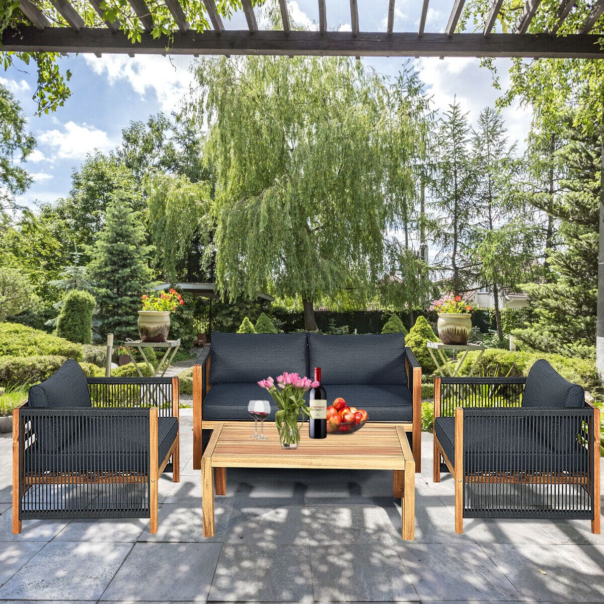 Gymax - 4PCS Acacia Wood Outdoor Patio Furniture Set Cushioned Sofa W/Nylon Rope Armrest - teak and grey price history on PriceWatchPro