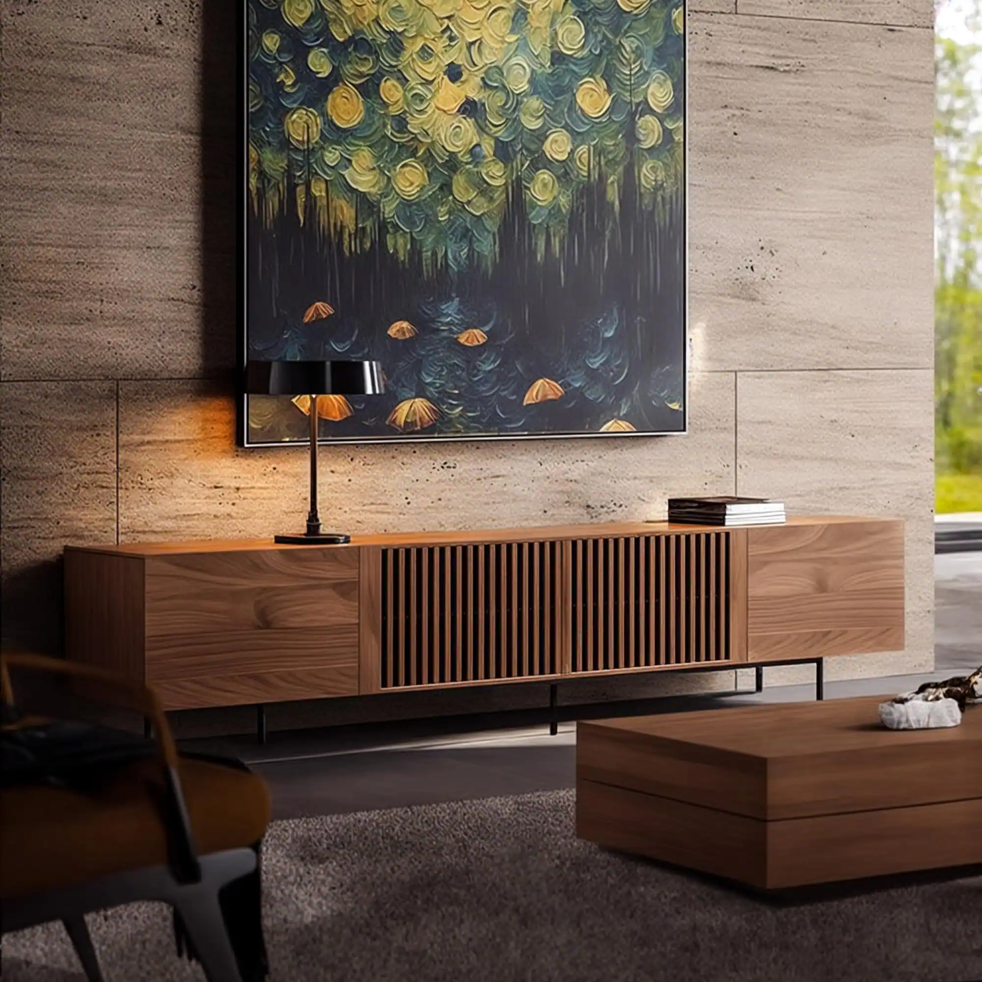 Front. luck idea - Walnut Grain TV Stand (Oversized) | Living Room Entertainment Center - Open Storage + Cable Organization - 94.48inch.