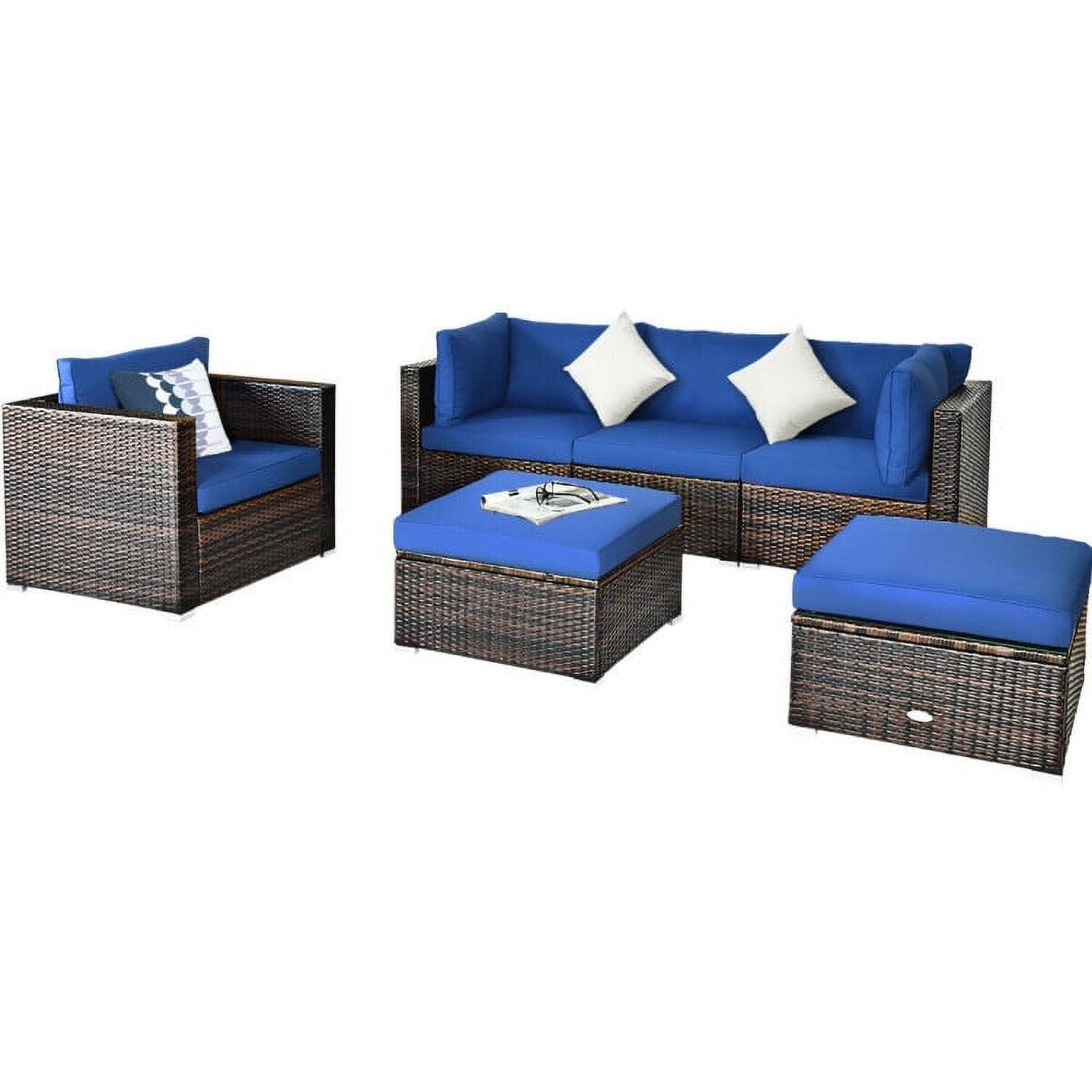Front. Kadyn - 6 Pcs Patio Rattan Furniture Set with Sectional Cushion-Blue, Patio Seating Conversation - Blue.