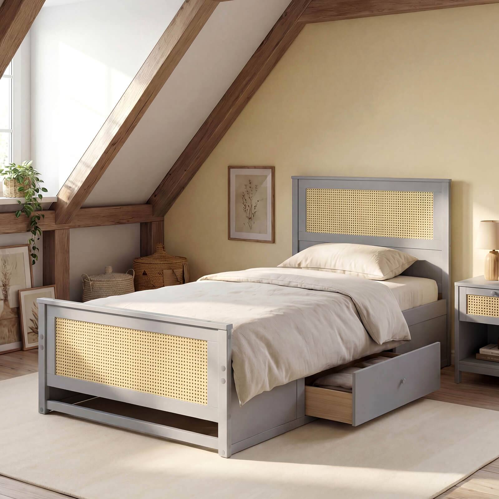 Alt View 4. Costway - Costway Twin Size Rattan Bed Frame with Headboard, 2 Storage Drawers & Space - Gray.