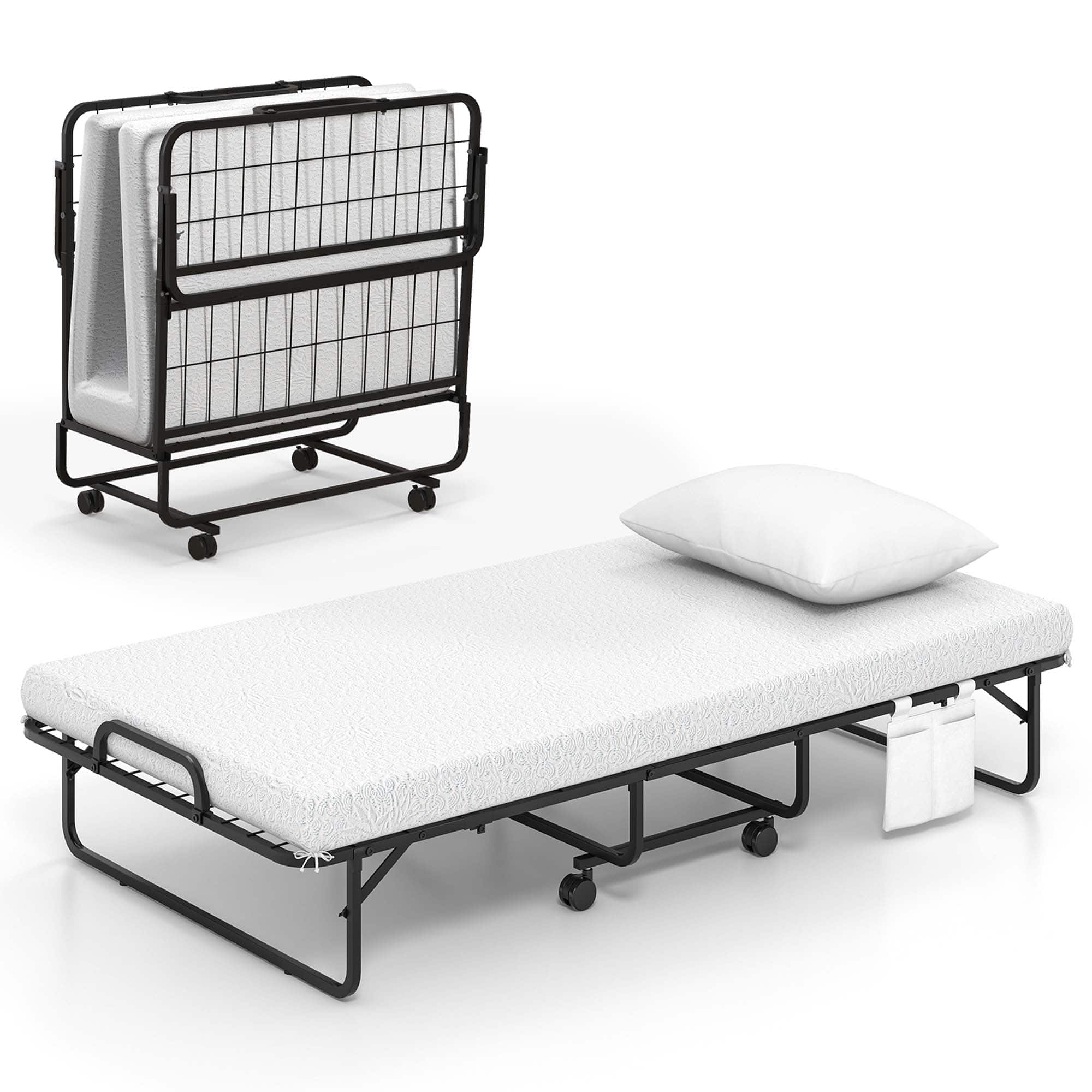 Front. Costway - Folding Bed with Memory Foam Mattress & Pillow Dust Cover Metal Frame 75" x 39" Twin-Size Bed - White.
